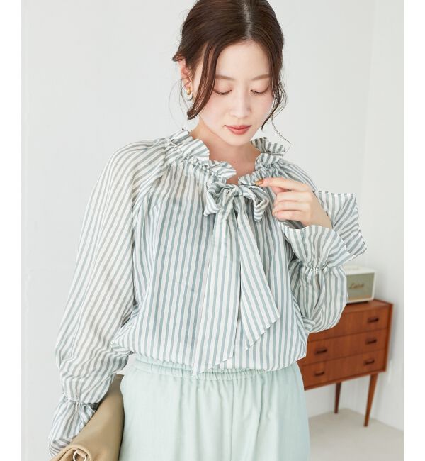 le.coeur blanc「ゴールドラメストライプリボンブラウス」|シャツ・ブラウス|グリーン柄