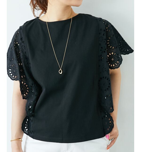  「《手洗い可能》スカラップレーススリーブカットソー」|Tシャツ・カットソー|