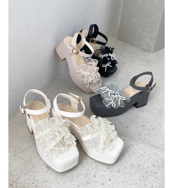  「パールリボンフリルボリュームサンダル」|サンダル|