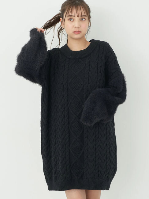 earth music&ecology「袖ファーケーブルミニワンピース」|ワンピース|Black