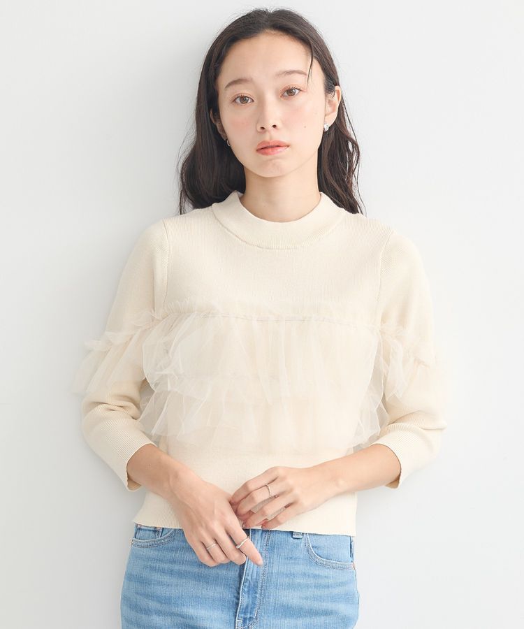 earth music&ecology「胸元チュールドッキングニットプルオーバー」|ニット・セーター|Ivory