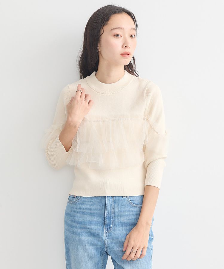earth music&ecology「胸元チュールドッキングニットプルオーバー」|ニット・セーター|