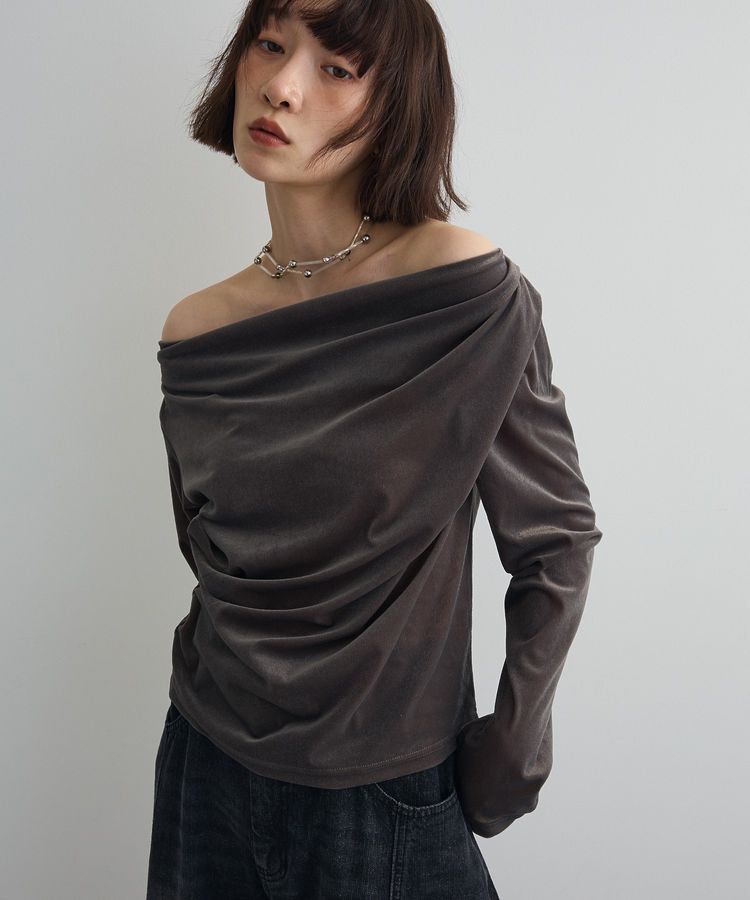 AnriettMusee「シアーベロアオフショル長袖プルオーバー」|Tシャツ・カットソー|Gray