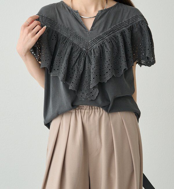  「【ブラウス見え】スカラップレースドッキングTシャツ」|Tシャツ・カットソー|
