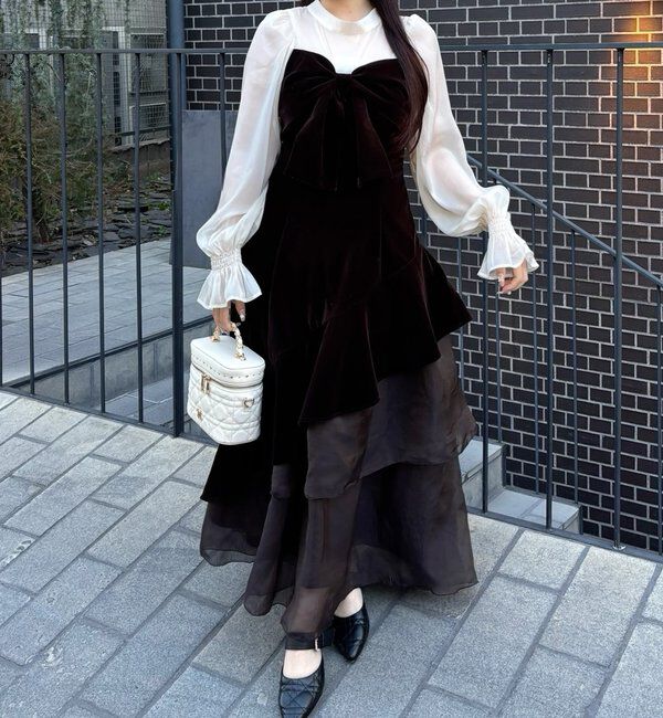  「【Occasion Collection】ベロアリボン異素材ワンピース」|ワンピース|ブラウン