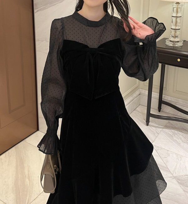  「【Occasion Collection】ベロアリボン異素材ワンピース」|ワンピース|