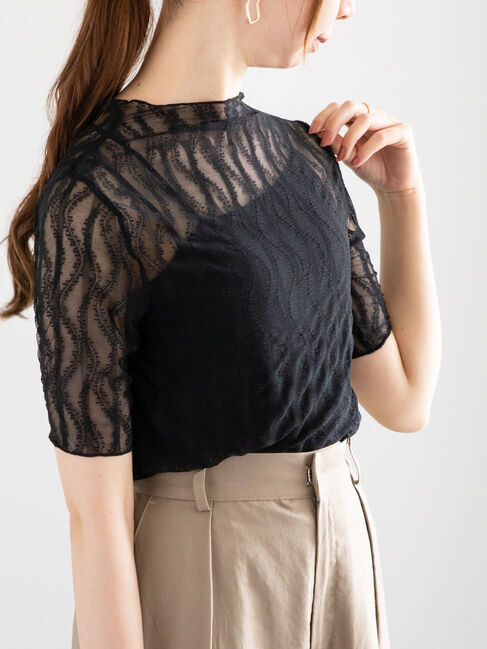 Te chichi「シアーレース5分袖トップス」|Tシャツ・カットソー|ブラック