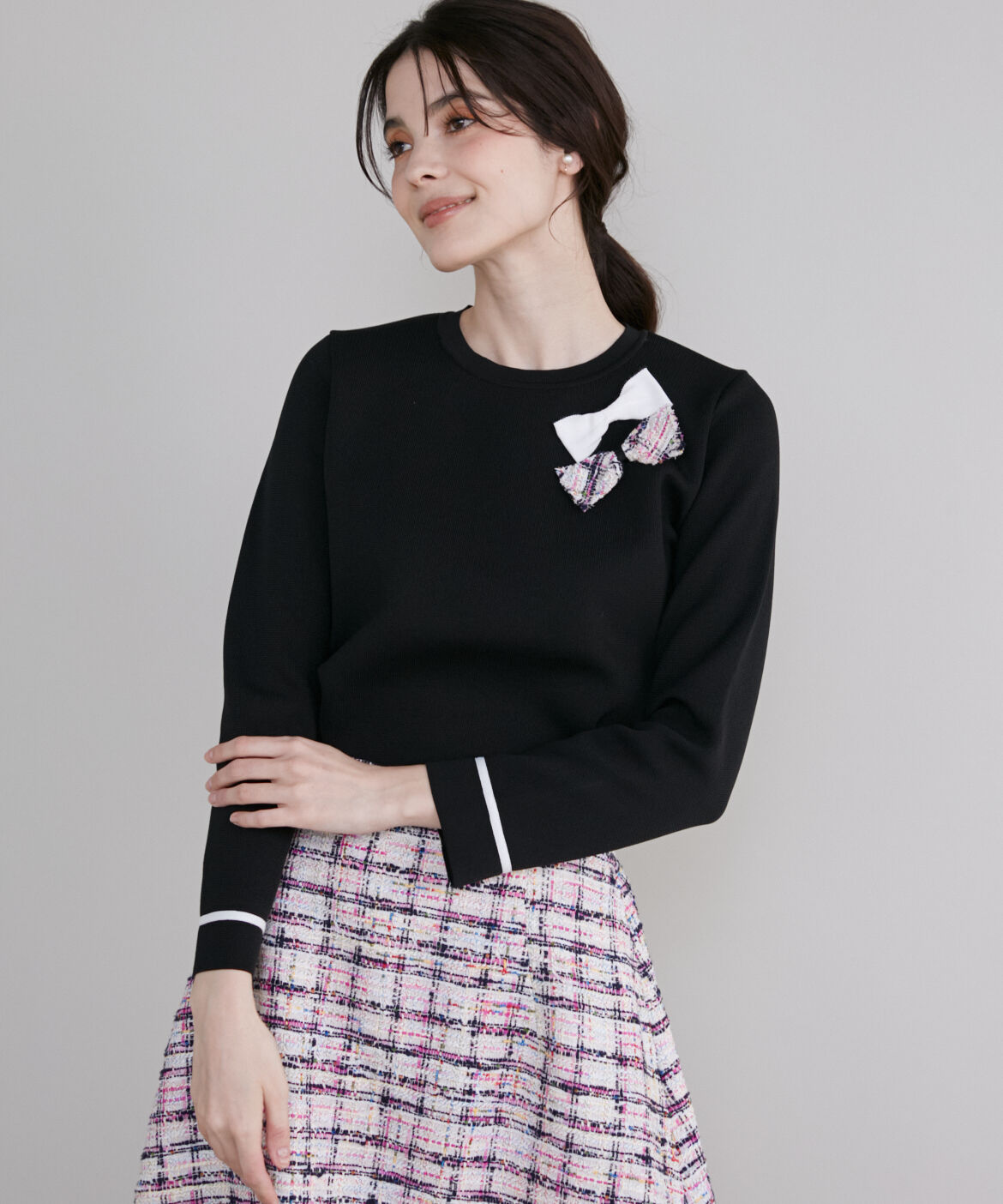 Maglie le cassetto「リボン付き配色ニット」|ニット・セーター|ブラック
