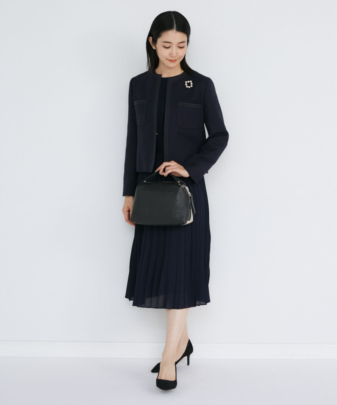 INED「ノーカラーツイードジャケット」|ノーカラージャケット|