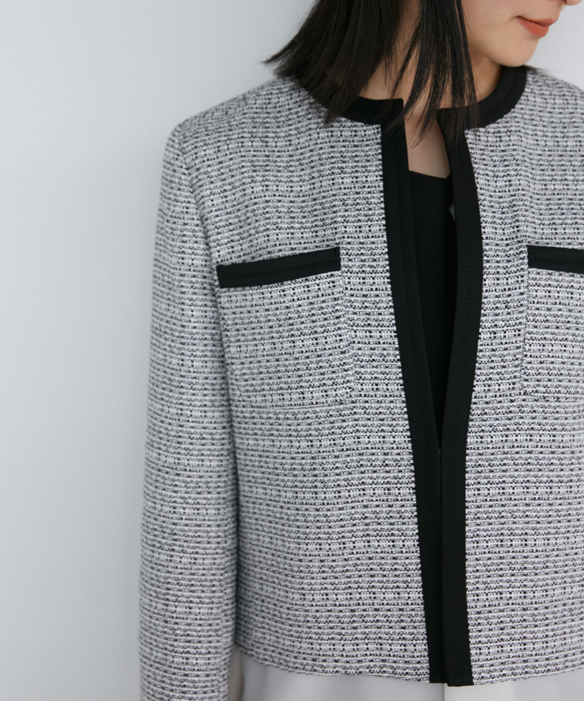 INED「ノーカラーツイードジャケット」|ノーカラージャケット|