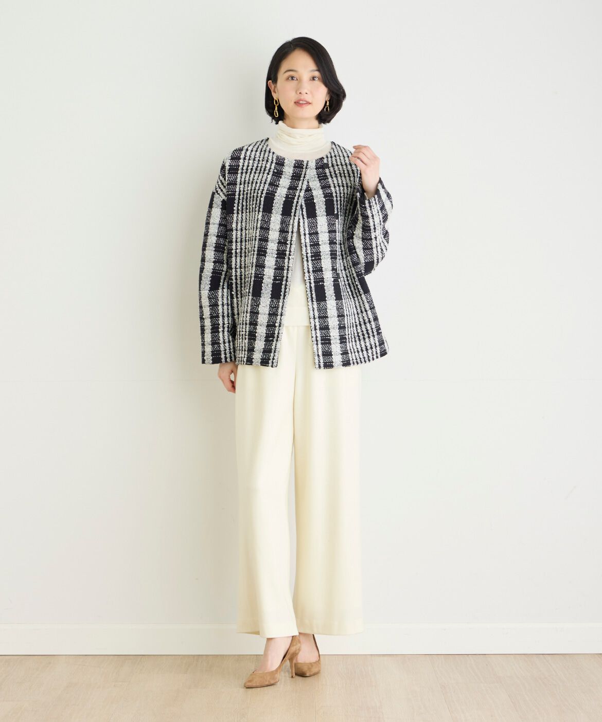 7-IDconcept.「チェックツイードノーカラーショートコート」|ピーコート|