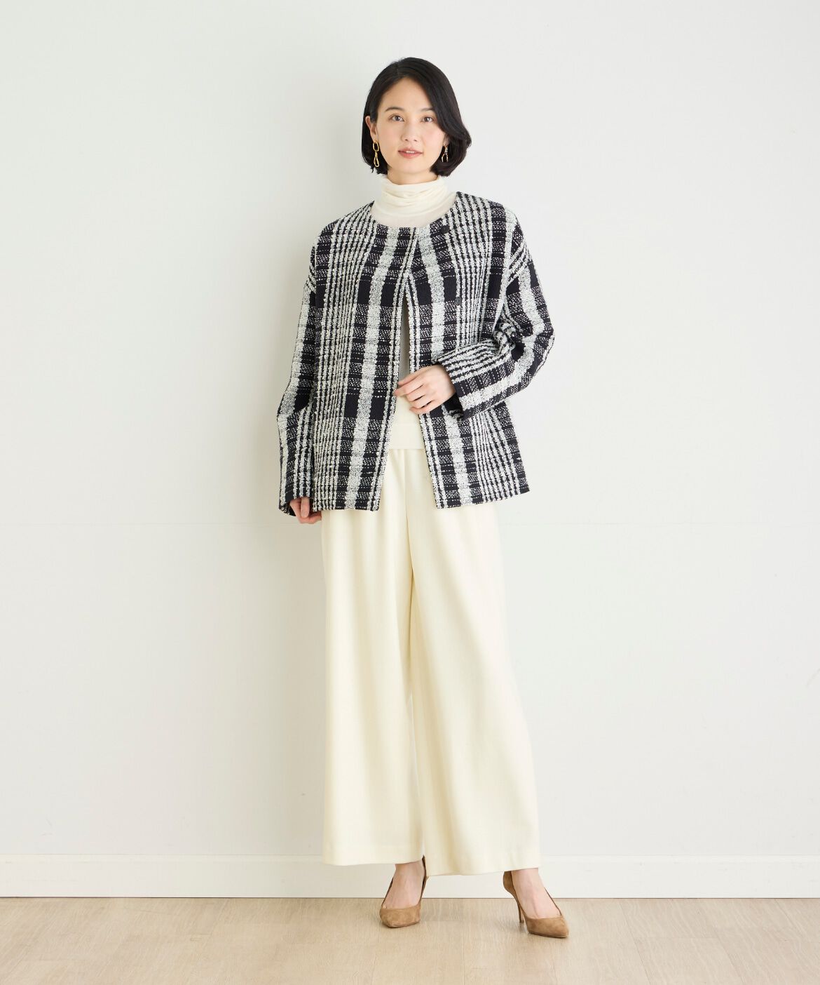 7-IDconcept.「チェックツイードノーカラーショートコート」|ピーコート|