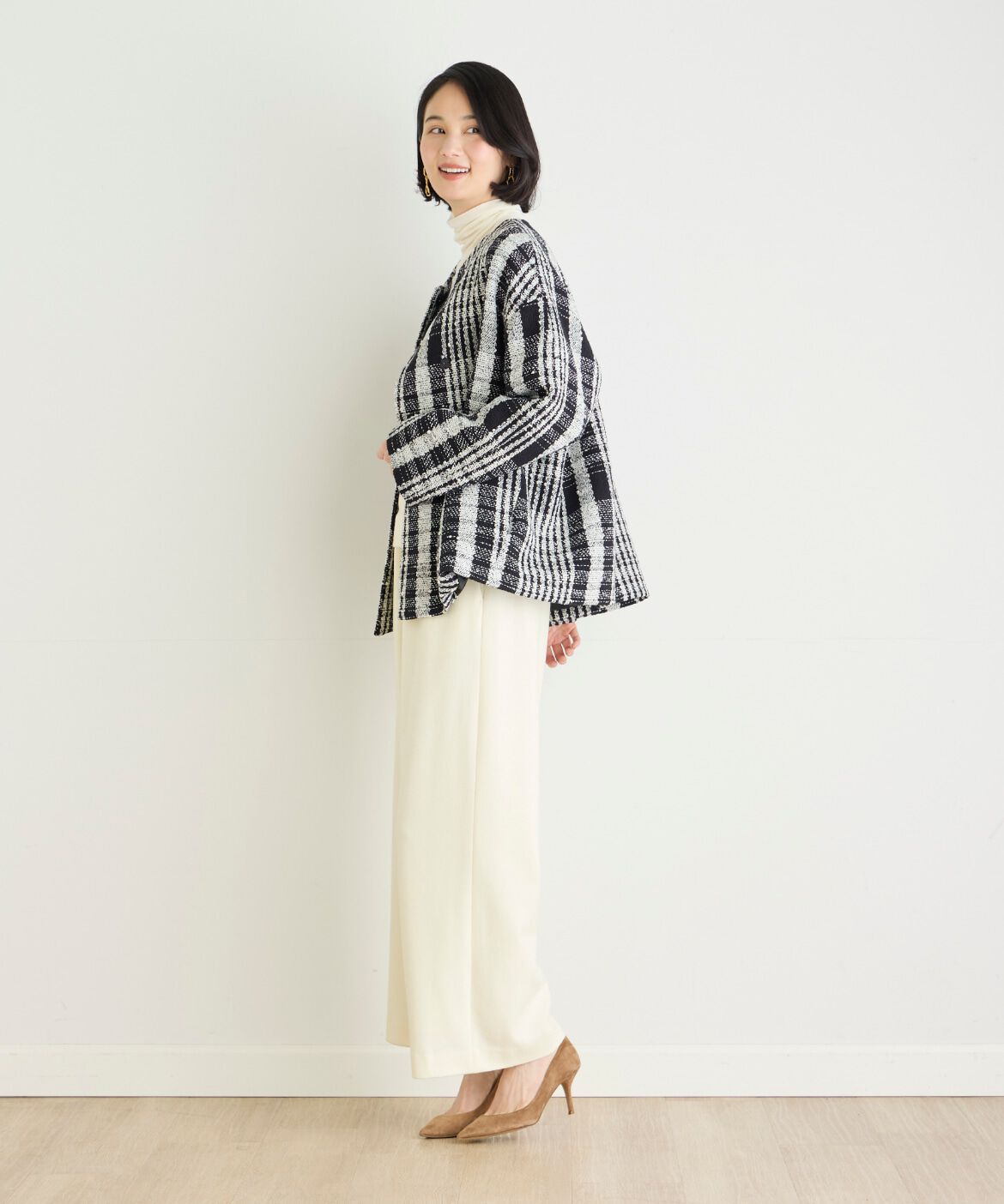 7-IDconcept.「チェックツイードノーカラーショートコート」|ピーコート|