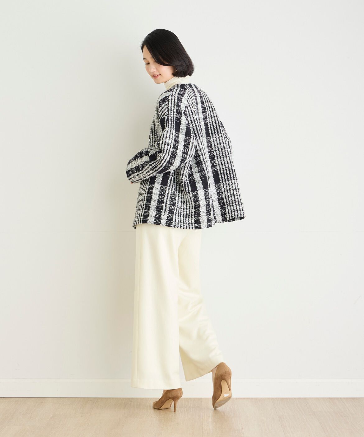 7-IDconcept.「チェックツイードノーカラーショートコート」|ピーコート|