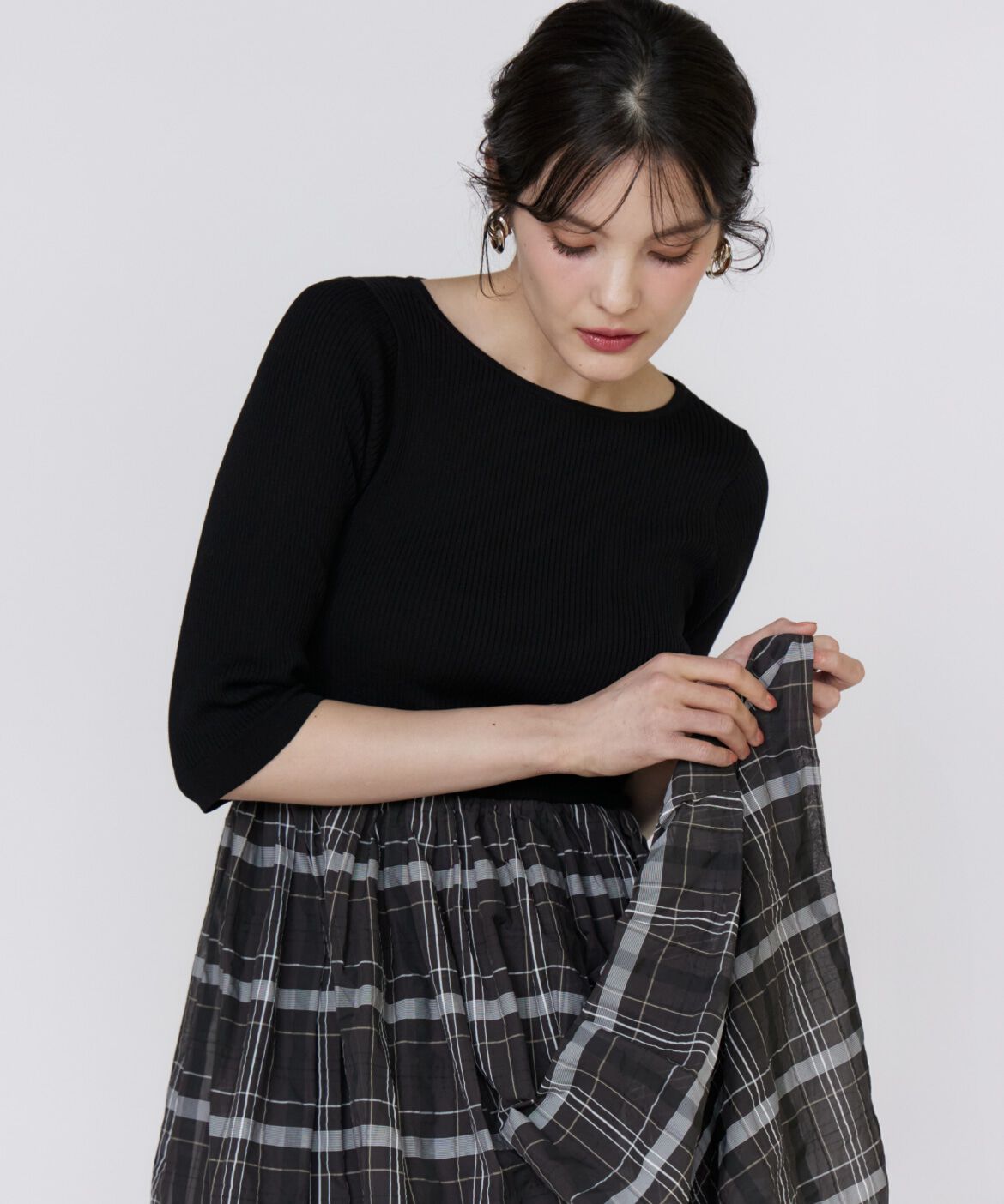 Maglie le cassetto「シアーチェックドッキングニットワンピース」|ワンピース|