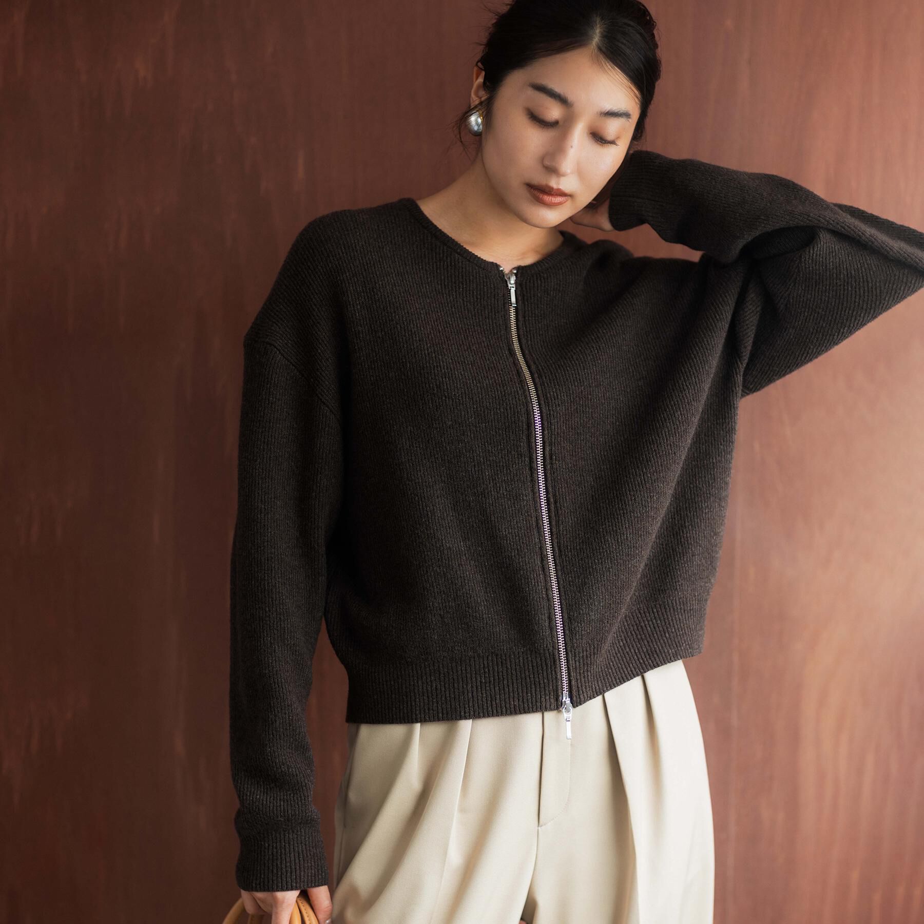 UNTITLED「【ゆったりサイズ/着丈短め】ジップニットカーディガン」|カーディガン|