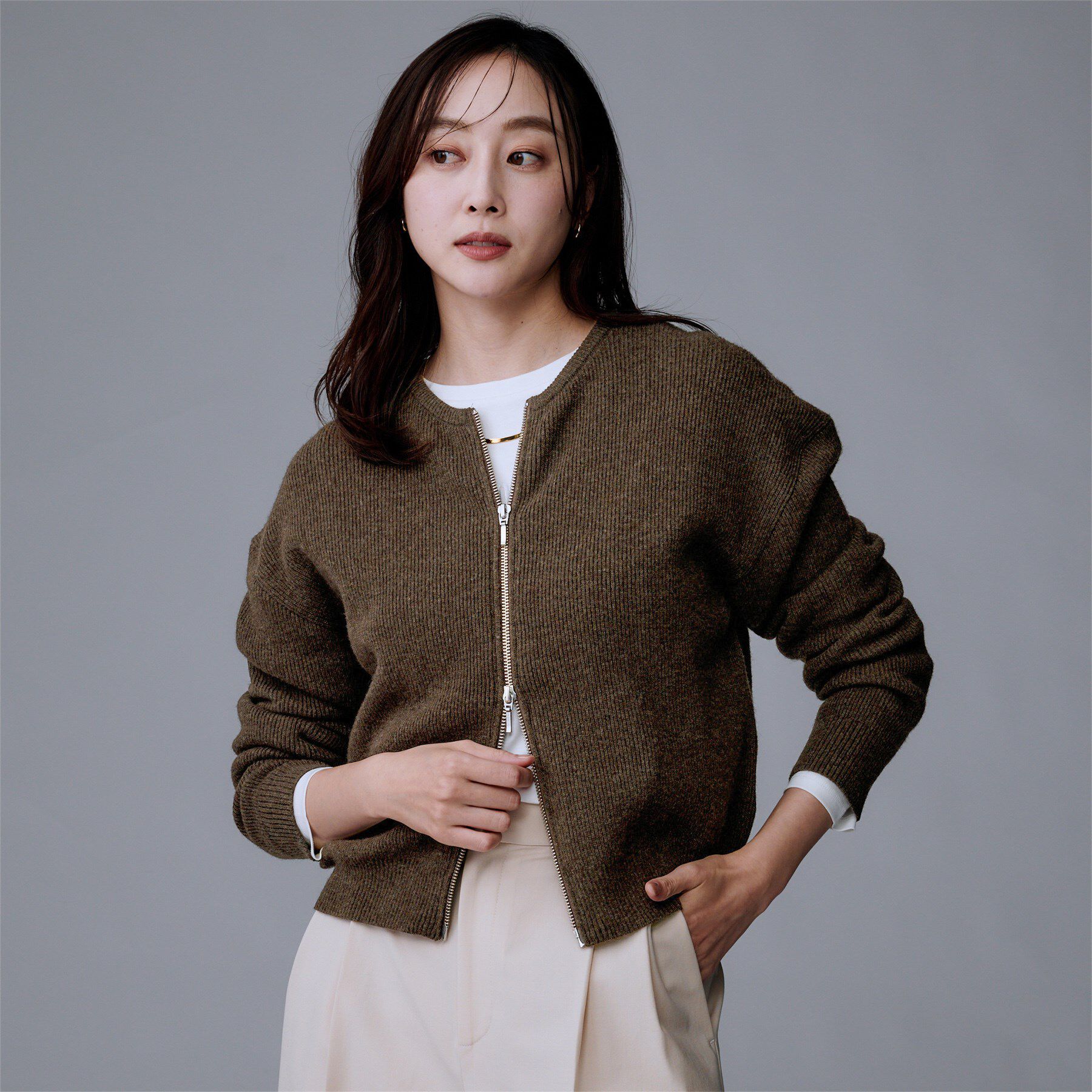 UNTITLED「【ゆったりサイズ/着丈短め】ジップニットカーディガン」|カーディガン|