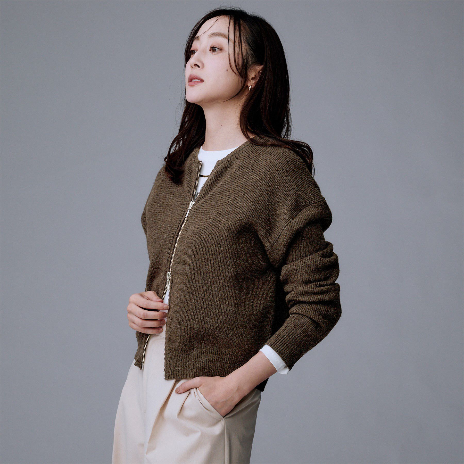 UNTITLED「【ゆったりサイズ/着丈短め】ジップニットカーディガン」|カーディガン|