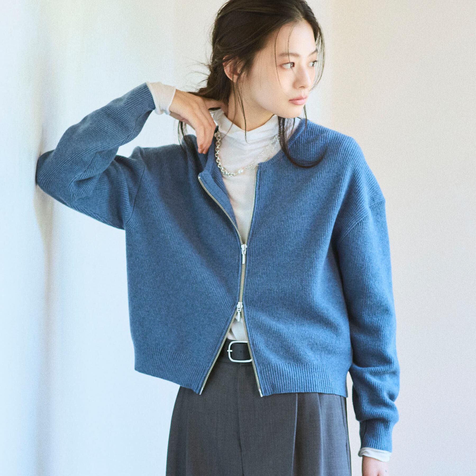 UNTITLED「【ゆったりサイズ/着丈短め】ジップニットカーディガン」|カーディガン|ブルー(091)