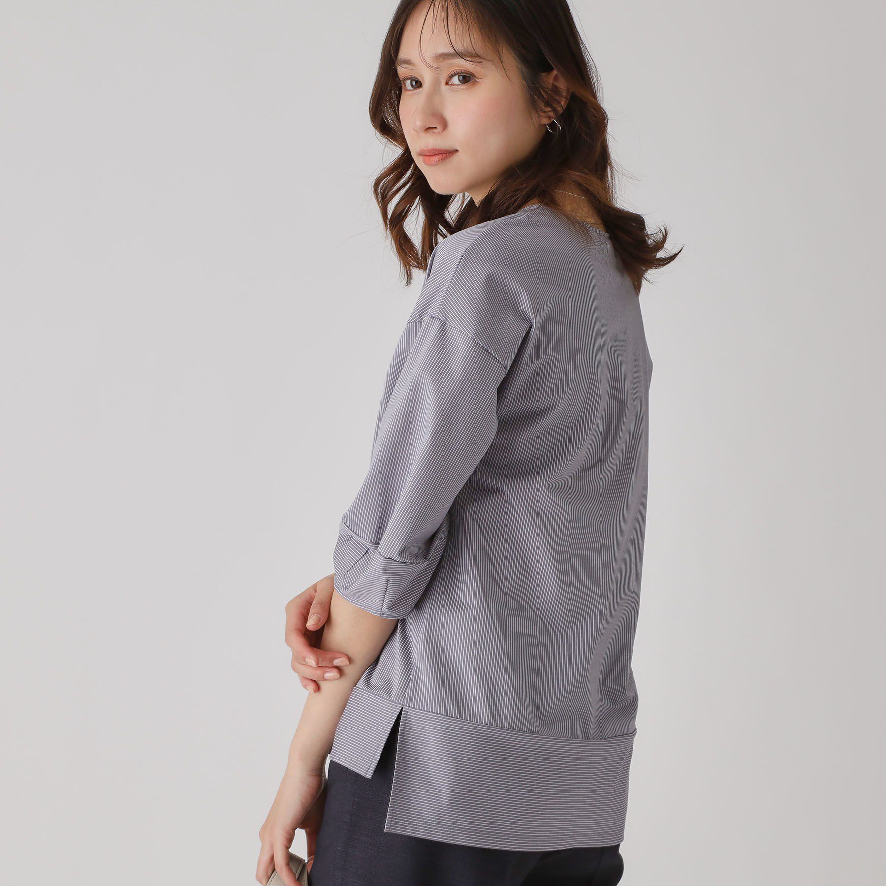 COUP DE CHANCE「【洗える／日本製／】ストライプ柄ジャージのトップス」|Tシャツ・カットソー|チャコールグレー(3