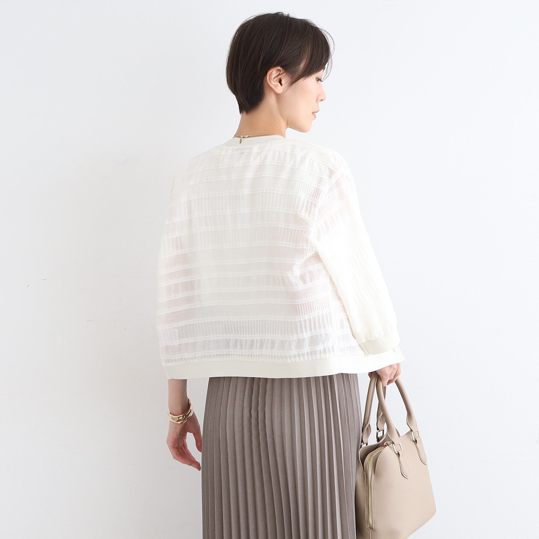 INDIVI「【洗える／SETUP可能】シャーリングクロップド丈カーディガンブラウス」|カーディガン|