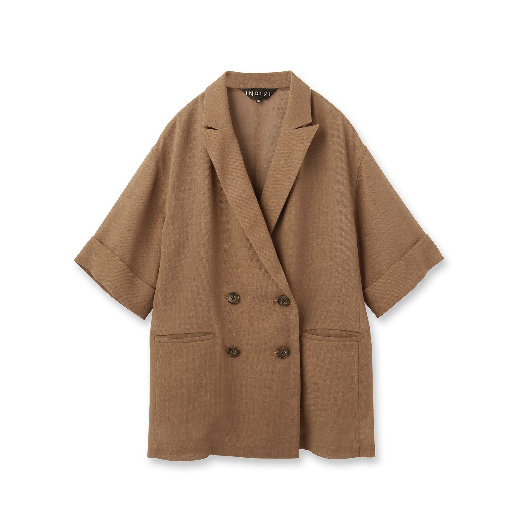 INDIVI「【洗える／メッシュ素材】リネンライク半袖ダブルジャケット」|テーラードジャケット|