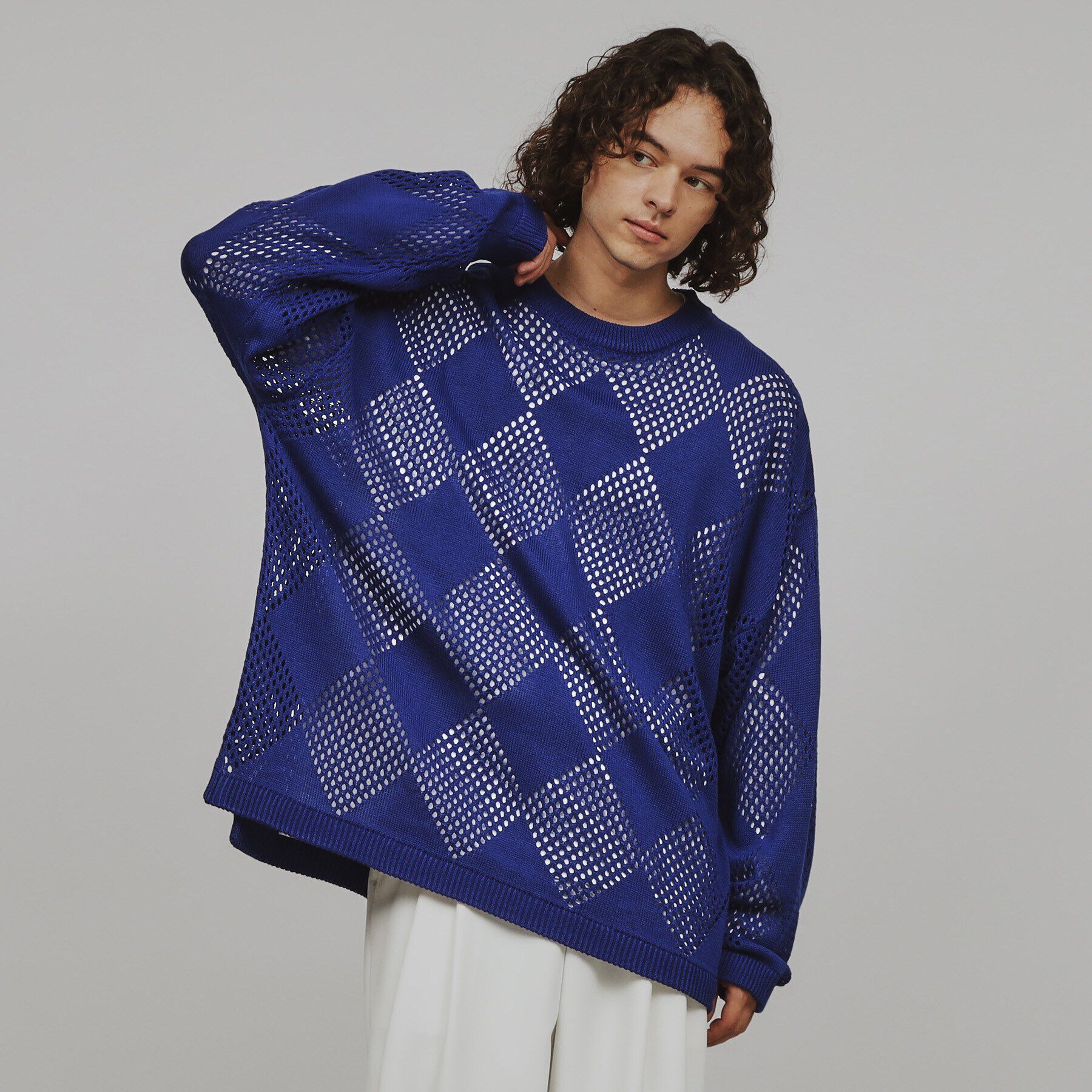 tk.TAKEO KIKUCHI「透かし編みダイヤニットプルオーバー」|ニット・セーター|ブルー(093)