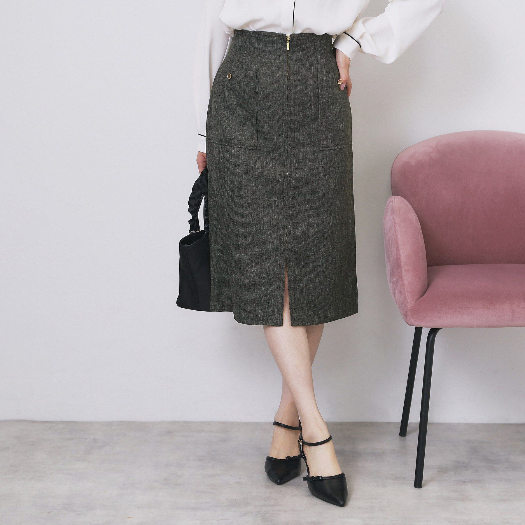 index「ツイード調フロントジップタイトスカート【洗濯機OK/防シワ】」|スカート|チャコールグレー(0