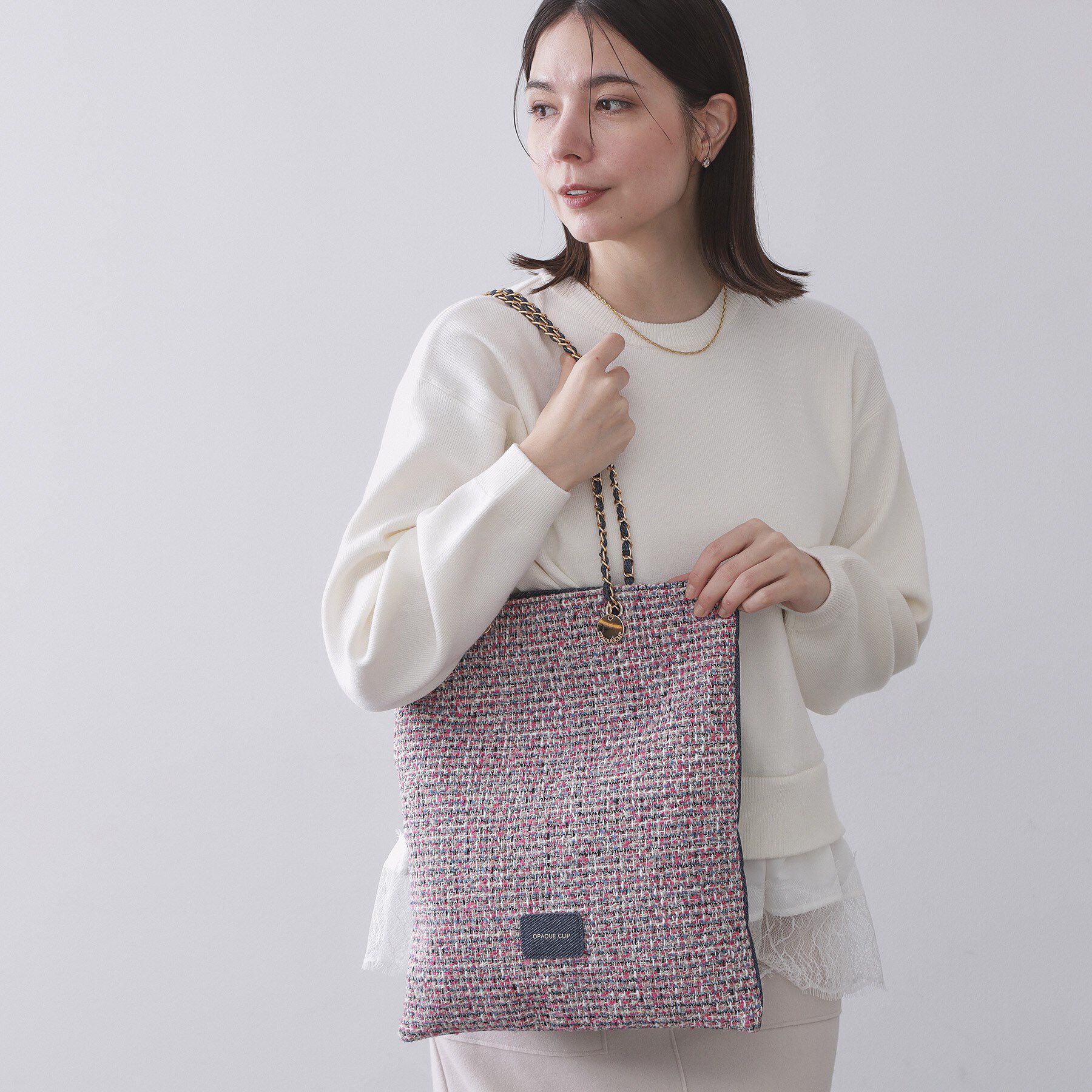 OPAQUE.CLIP「ツイードコンビチェーンショルダートートバッグ【A4サイズ対応】」|トートバッグ|ピンク(072)
