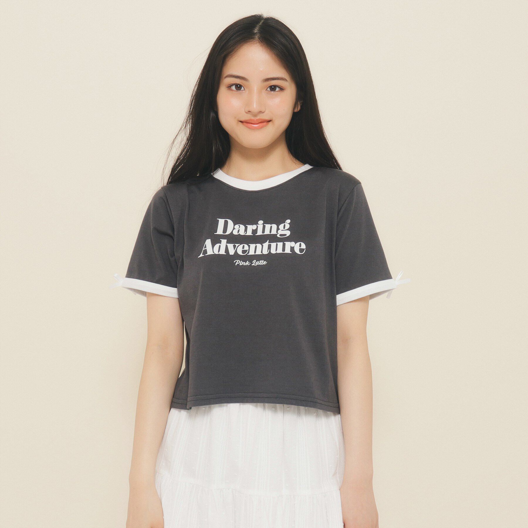 PINK-latte「【130cmあり】フロントロゴ袖リボンリンガーTシャツ」|Tシャツ・カットソー|