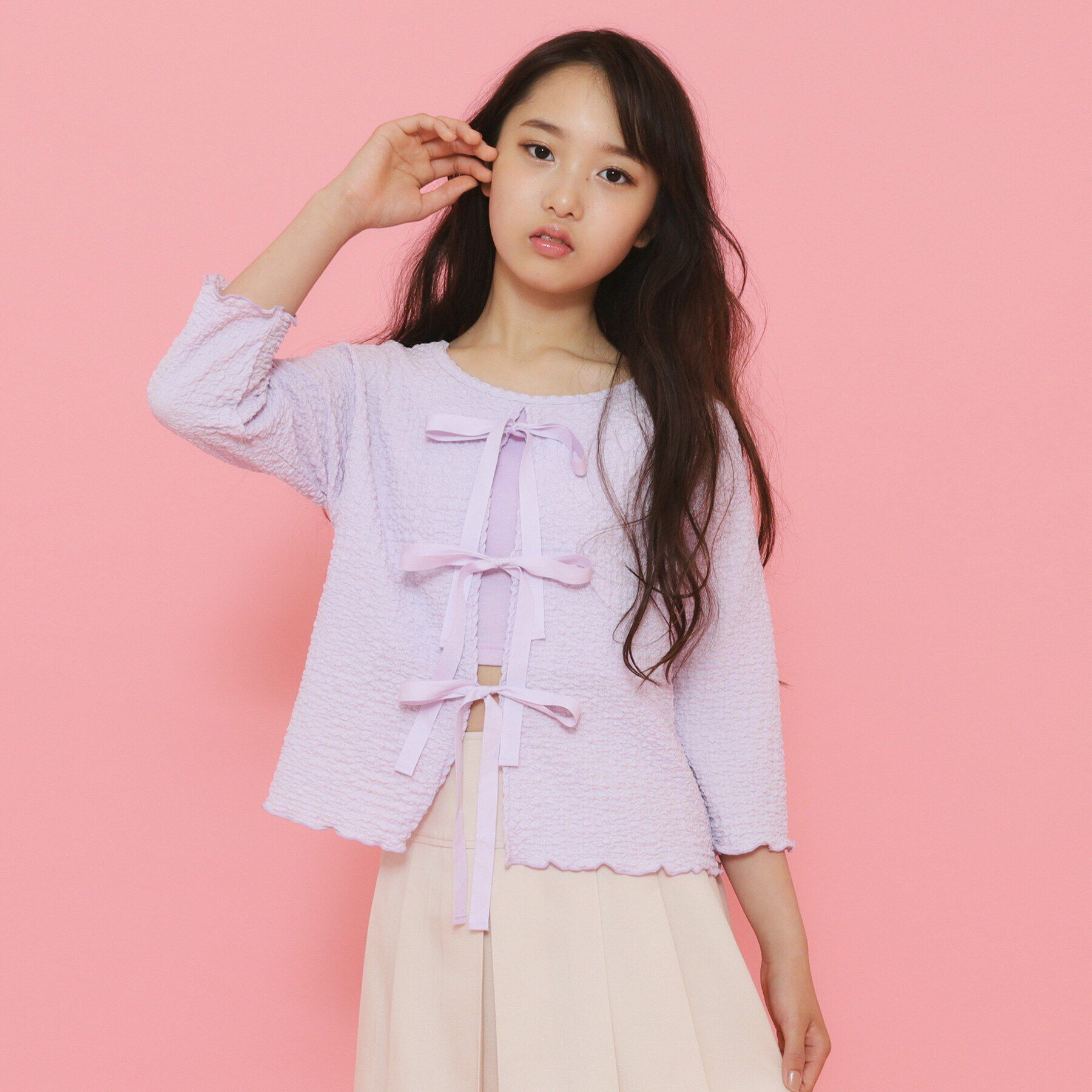 PINK-latte「【ニコラ10月号掲載/セットアイテム／2WAY】リボンプルオーバー」|Tシャツ・カットソー|ﾊﾟｰﾌﾟﾙ(081)