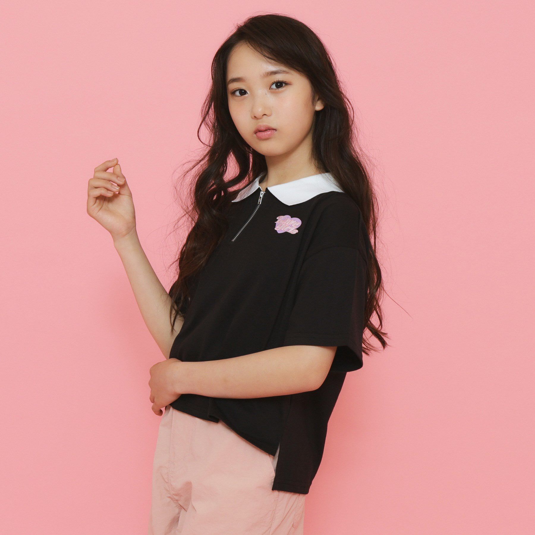 PINK-latte「ポロ衿ハーフジップTシャツ」|Tシャツ・カットソー|ﾌﾞﾗｯｸ(019)