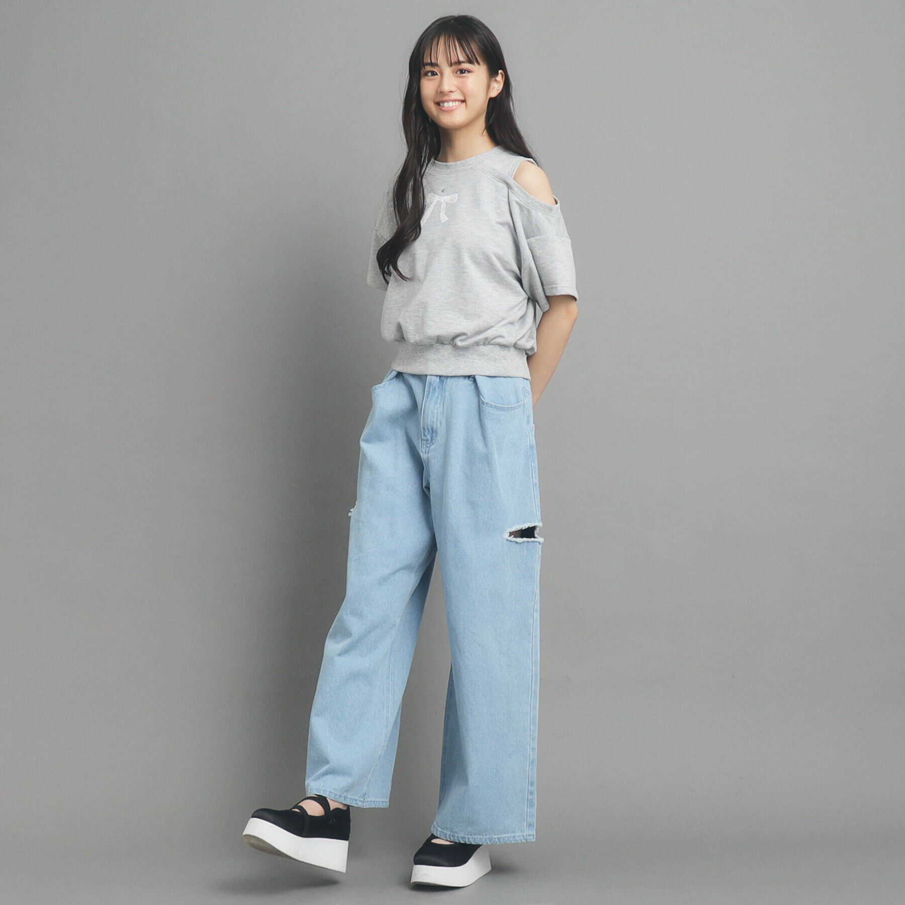 PINK-latte「リボンモチーフ裏毛オフショルダー」|Tシャツ・カットソー|