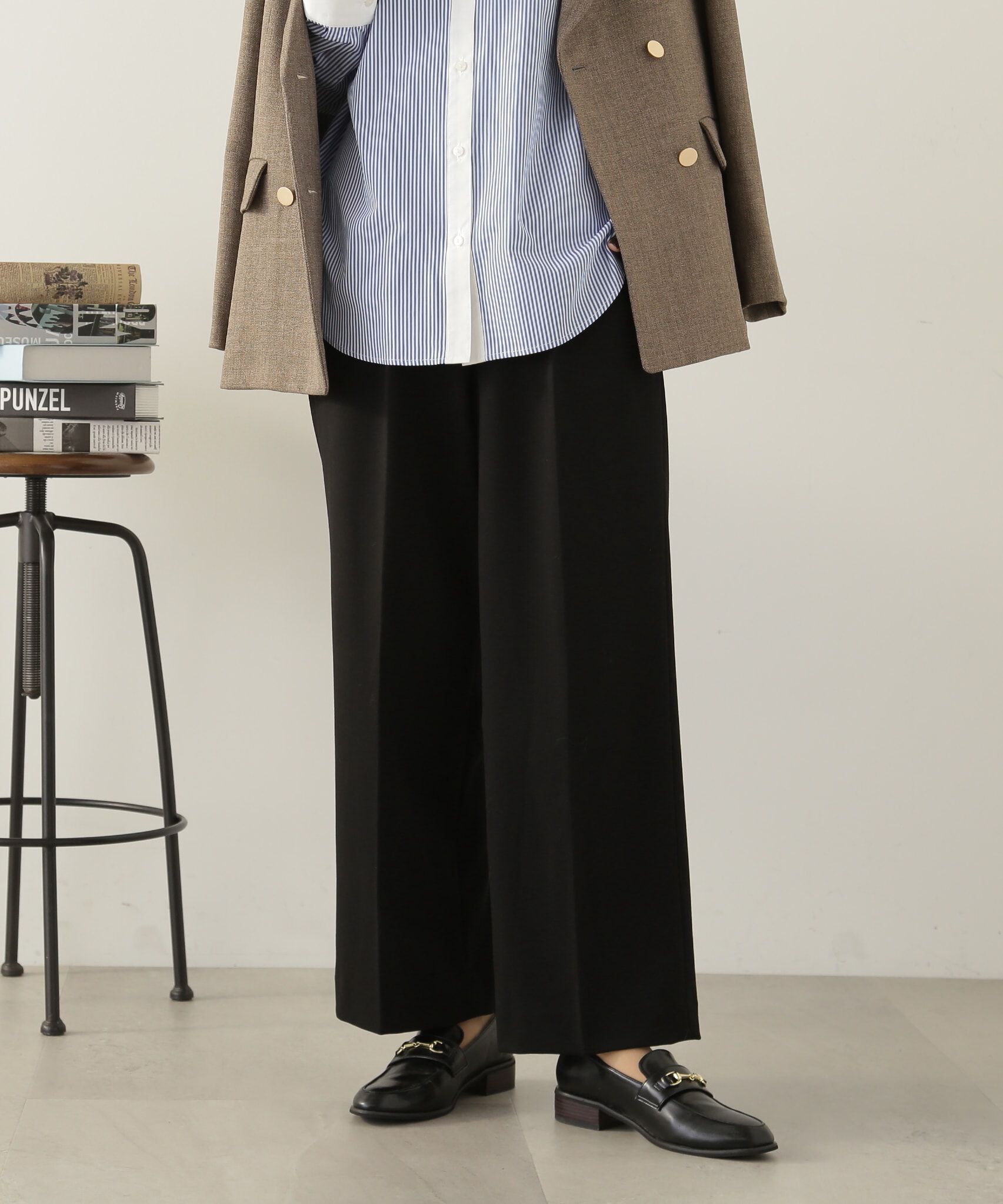  「ムジハイウエストスラックスワイドパンツ」|その他|ブラック