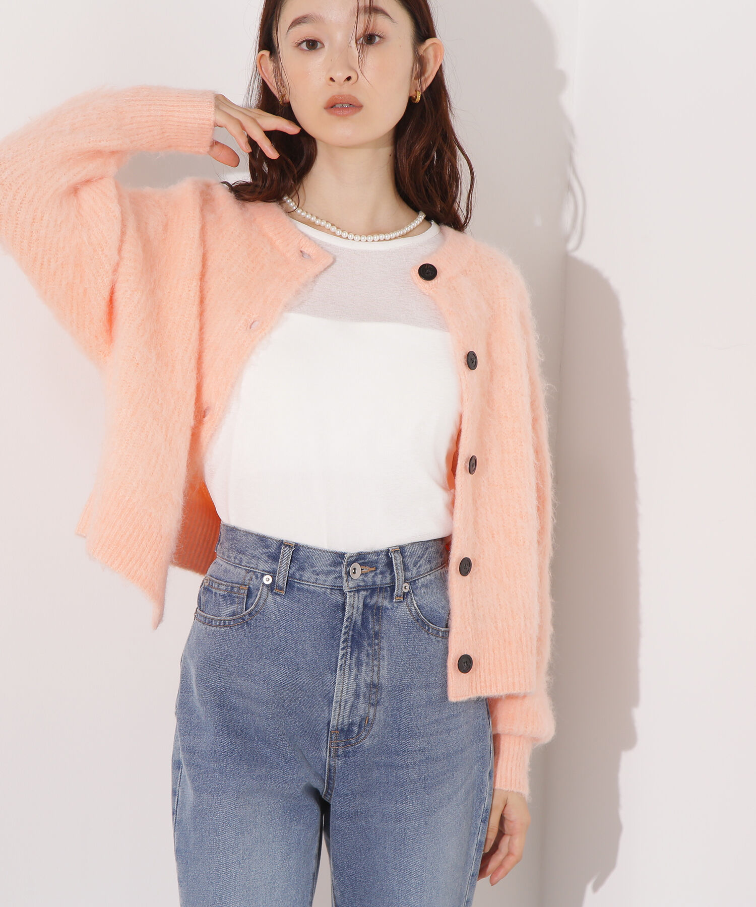  「クルーネックフェザーカーディガン」|ニット・セーター|ピンク