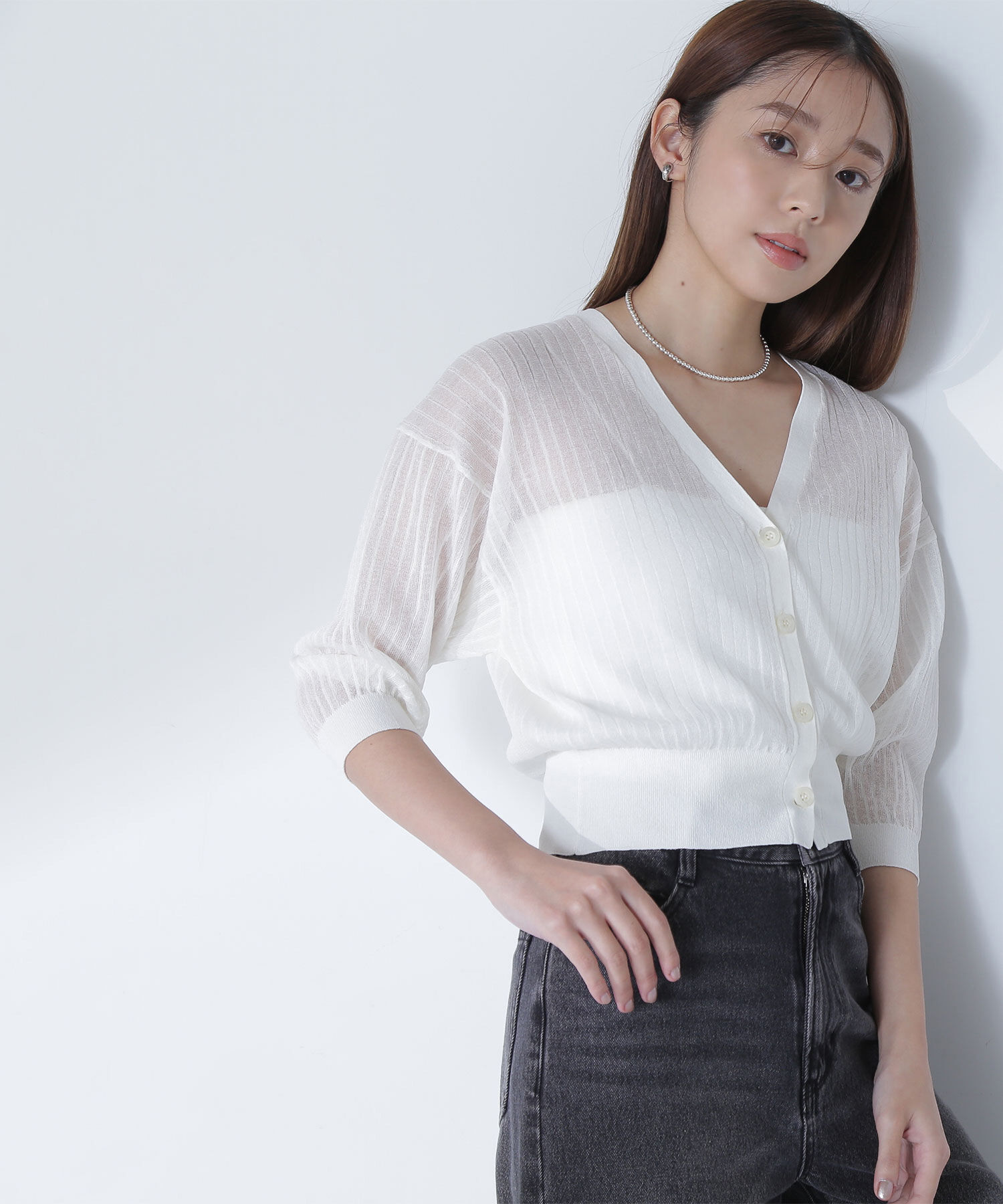  「Vネックシアーリブカーディガン」|ニット・セーター|オフ1