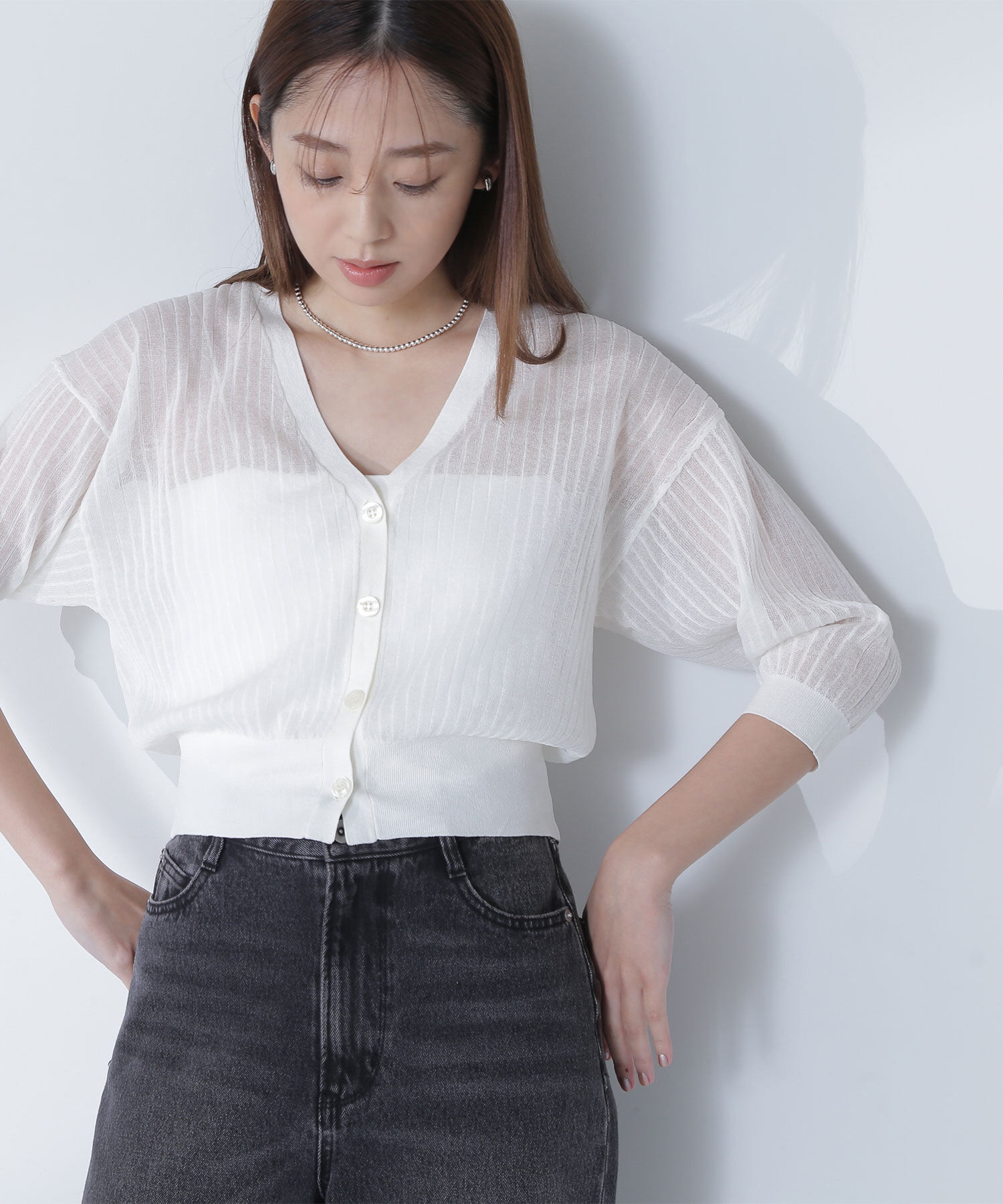  「Vネックシアーリブカーディガン」|ニット・セーター|