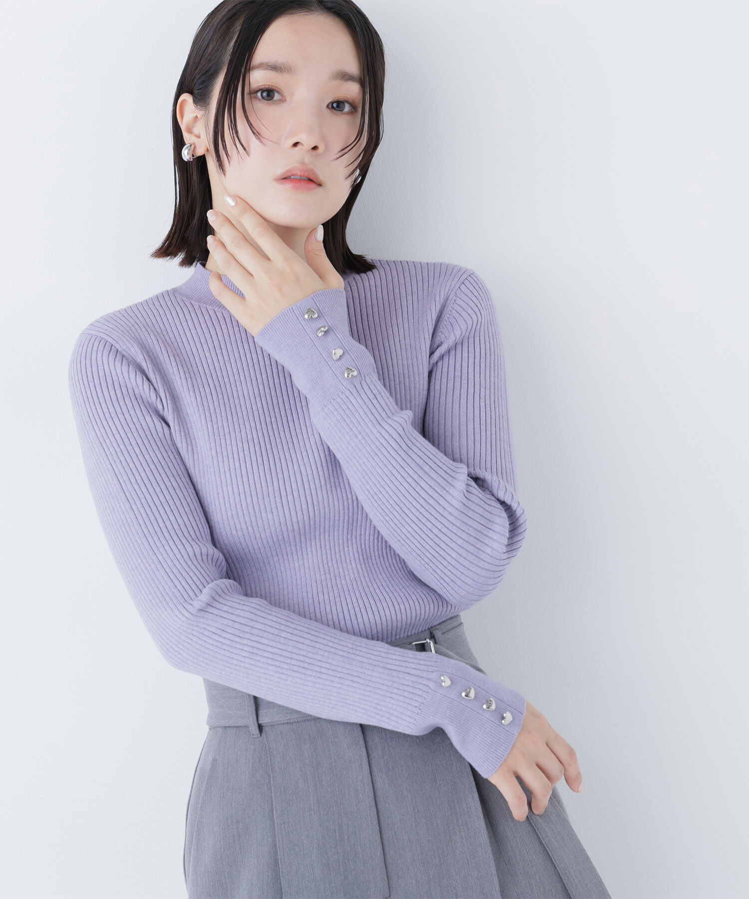  「ハートボタンカフスニット」|ニット・セーター|ラベンダー