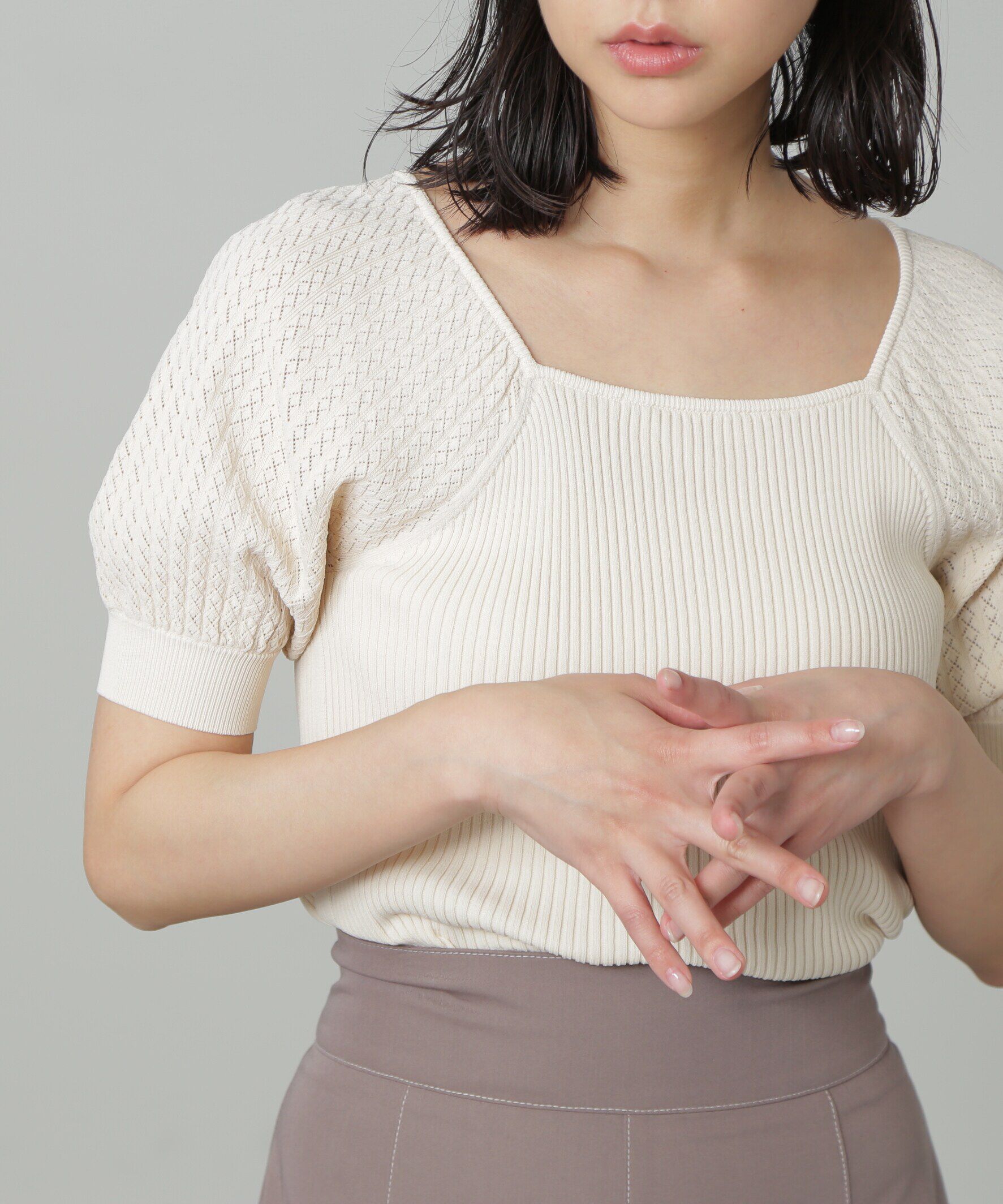  「袖透かし編みスクエアネックニット」|ニット・セーター|オフ