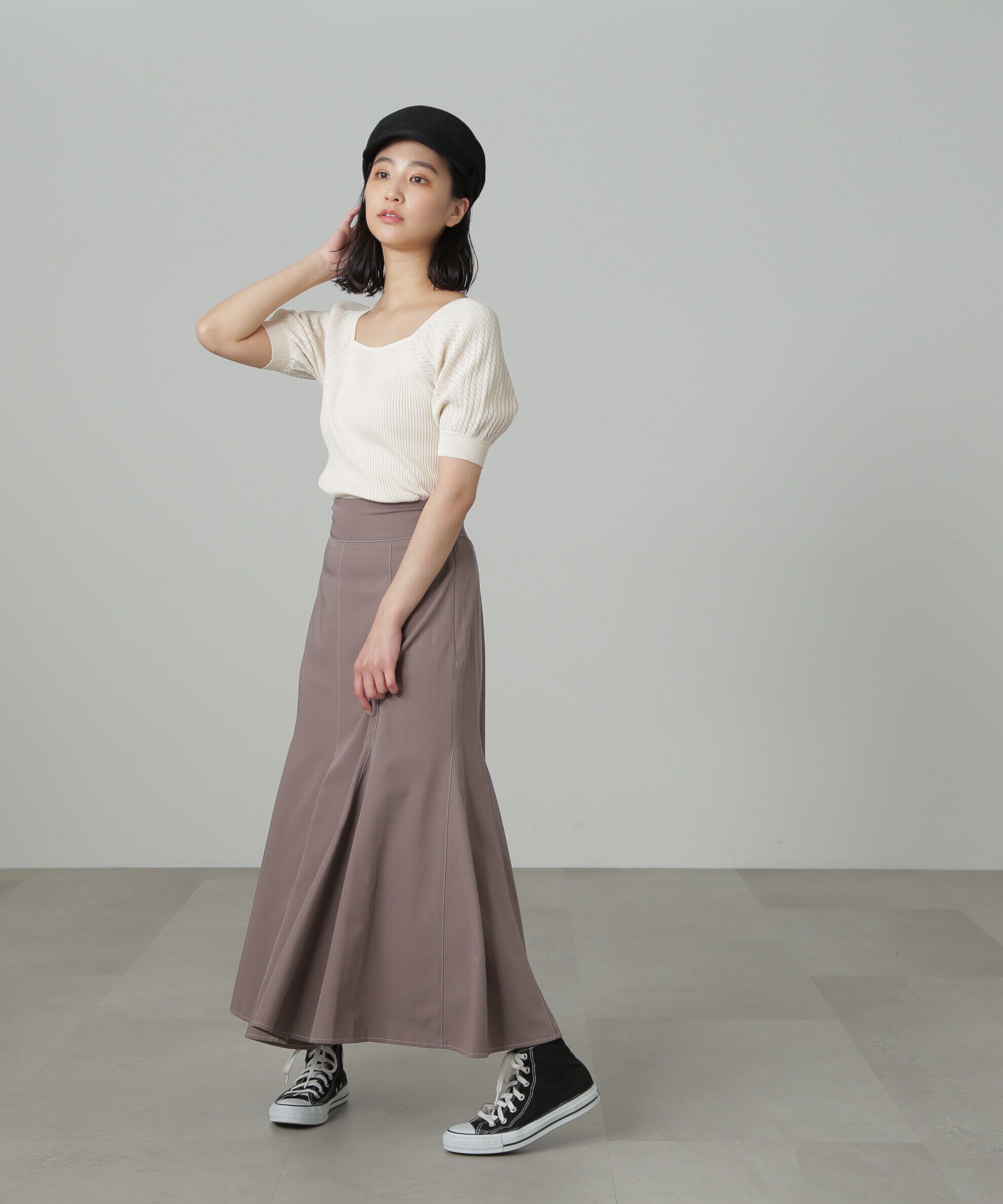  「袖透かし編みスクエアネックニット」|ニット・セーター|