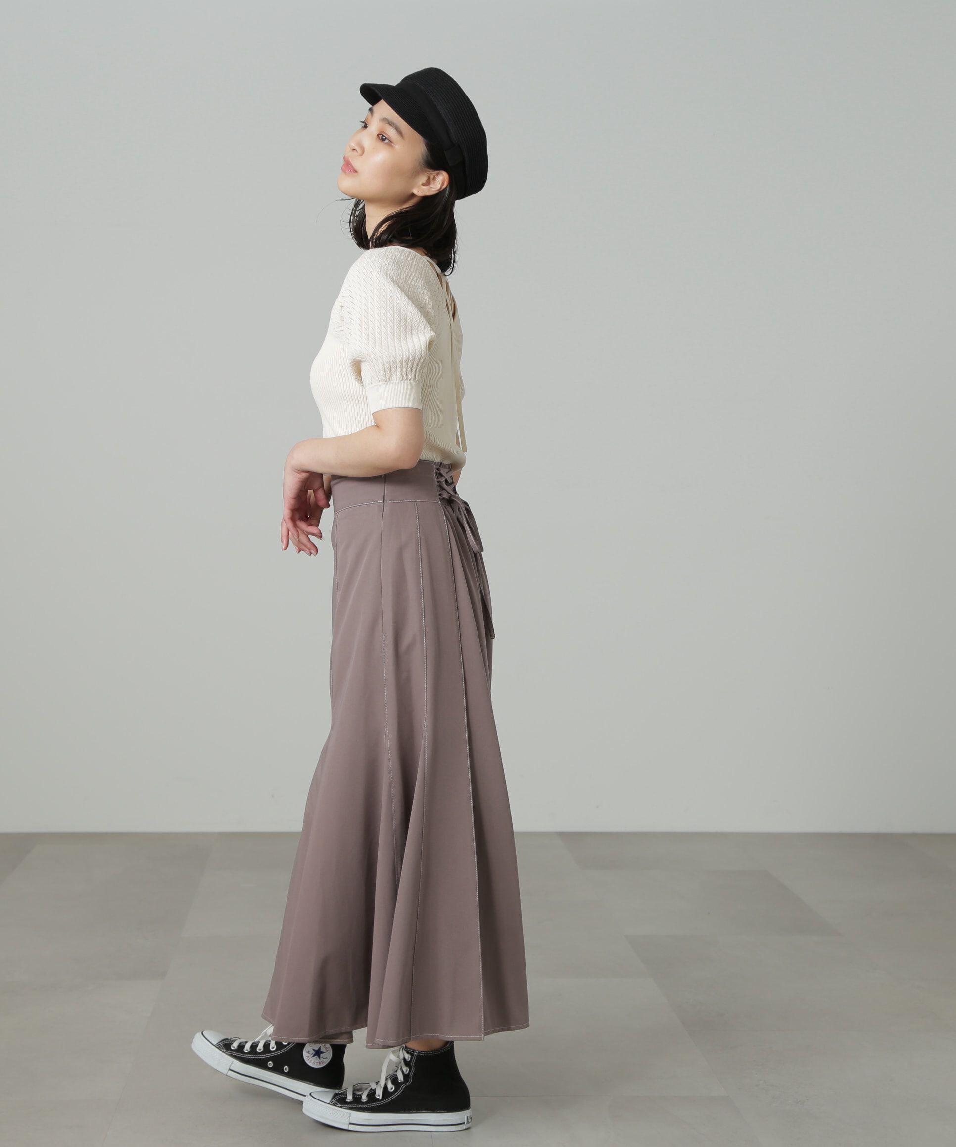  「袖透かし編みスクエアネックニット」|ニット・セーター|