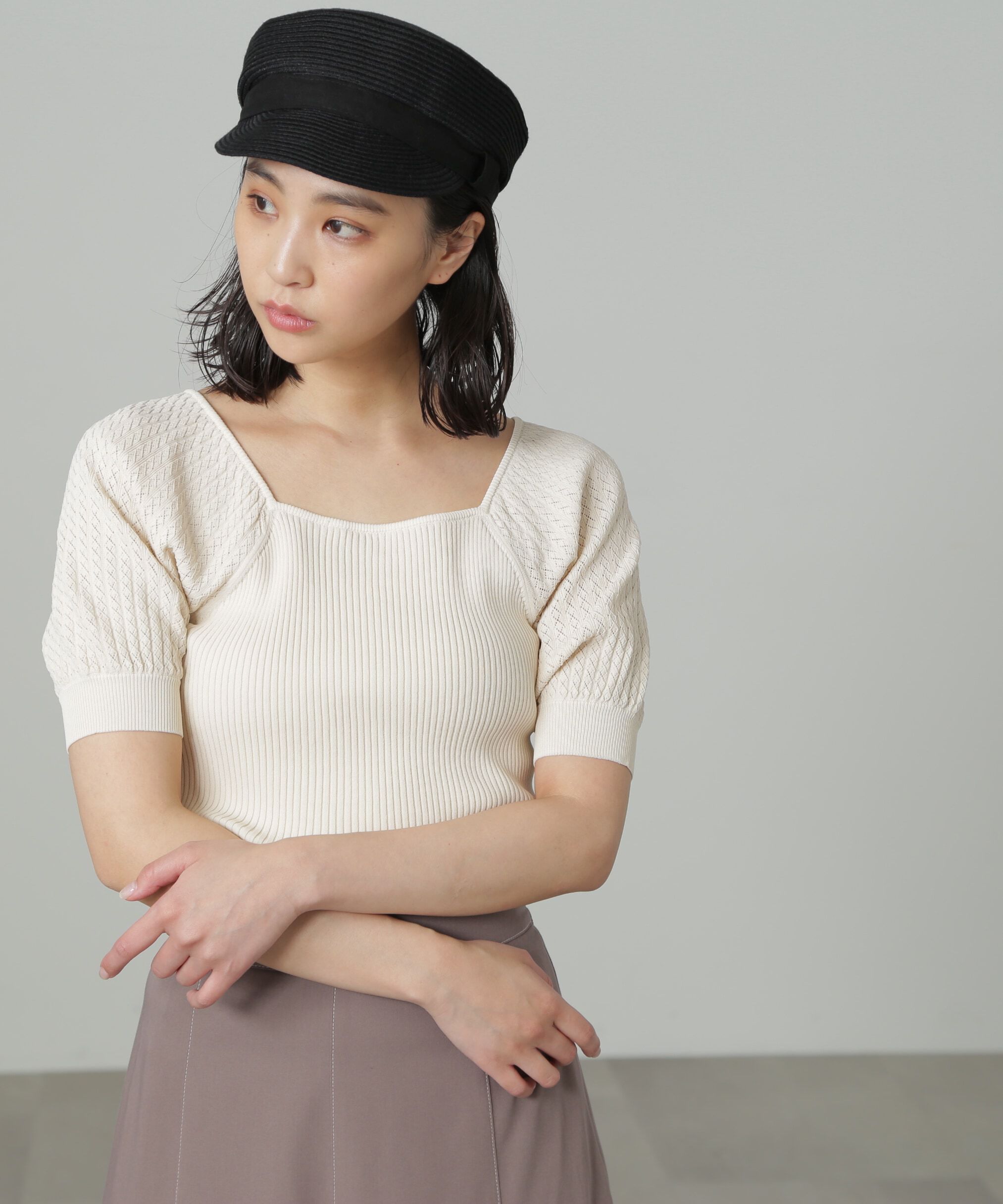  「袖透かし編みスクエアネックニット」|ニット・セーター|