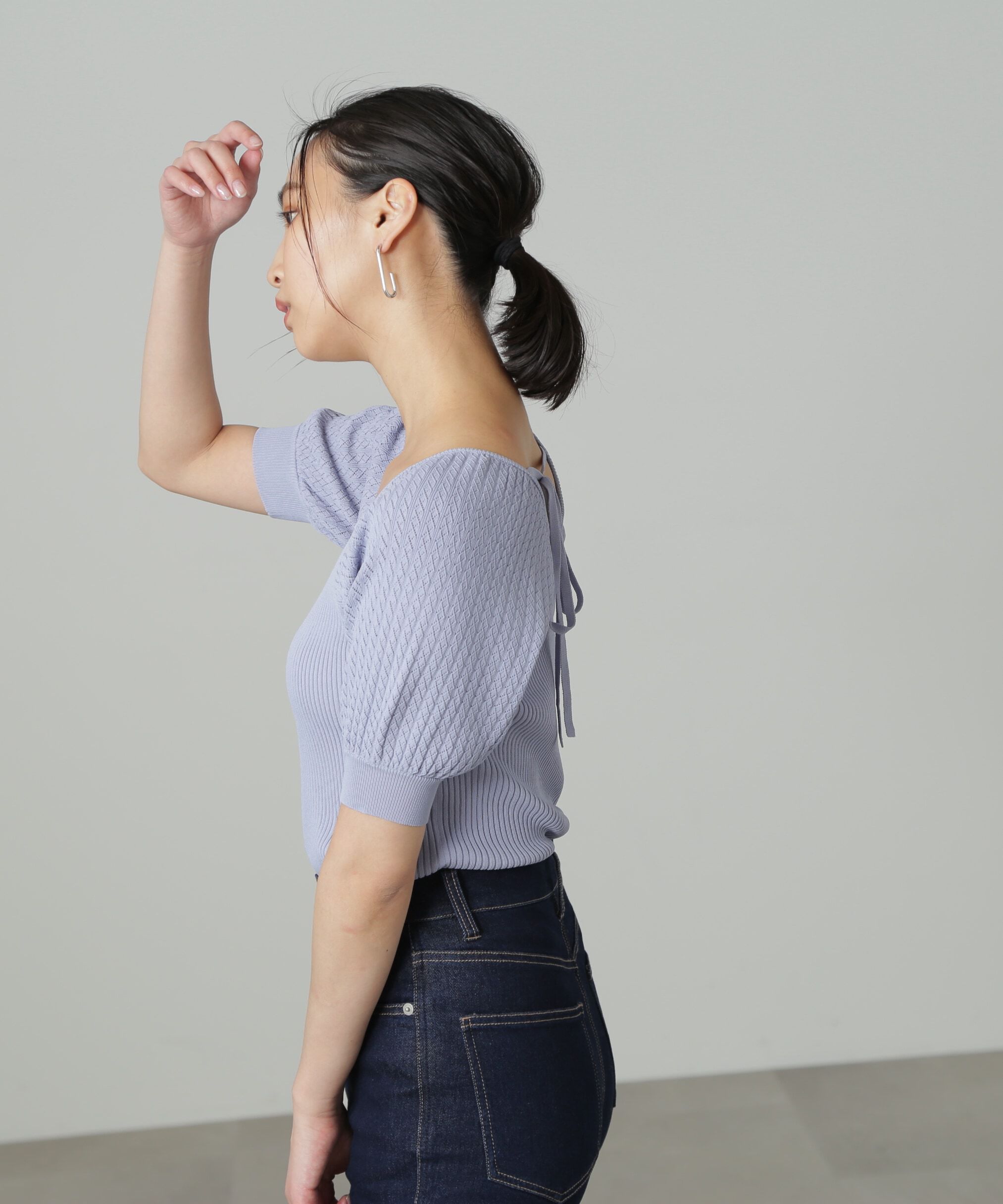  「袖透かし編みスクエアネックニット」|ニット・セーター|