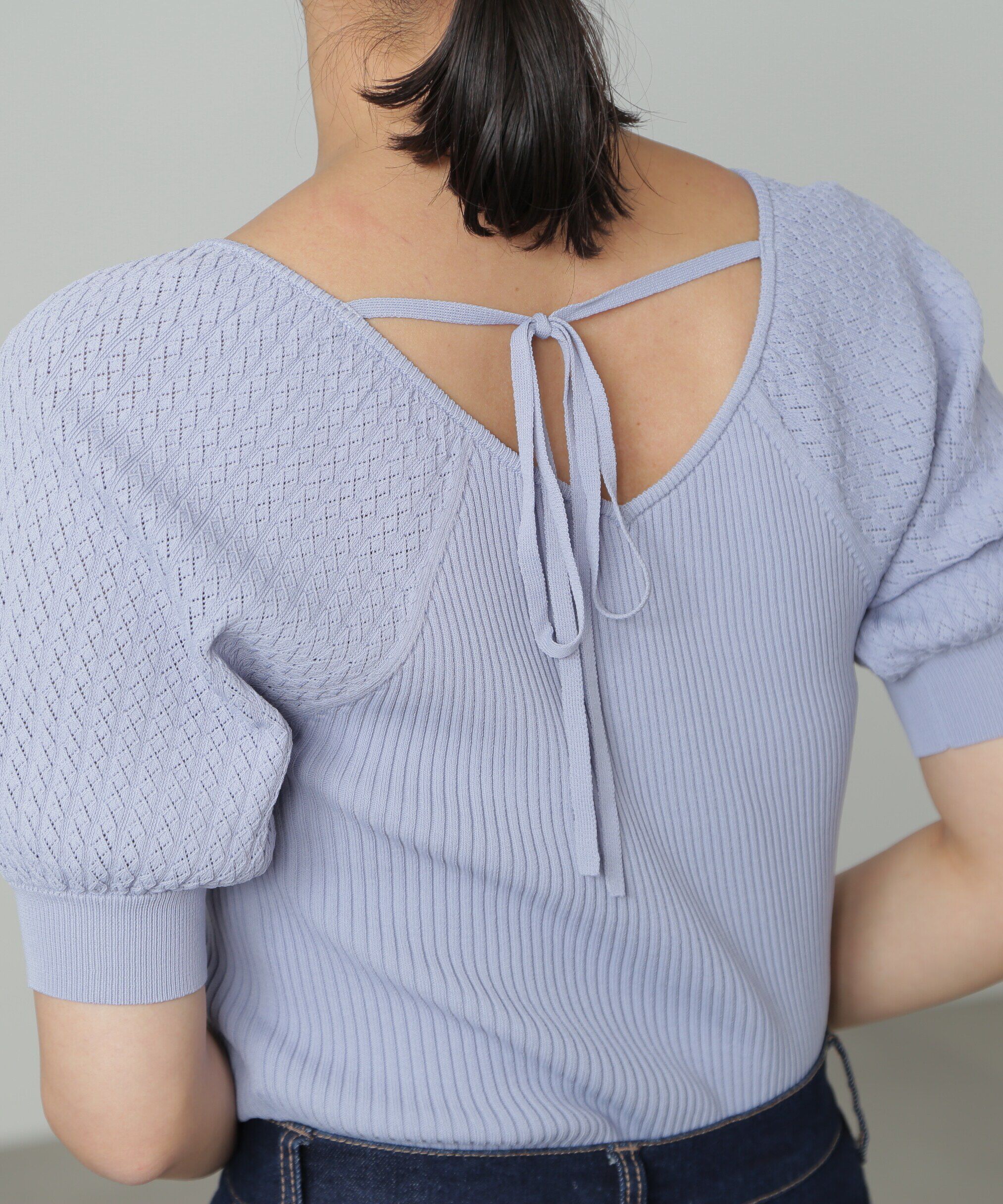  「袖透かし編みスクエアネックニット」|ニット・セーター|