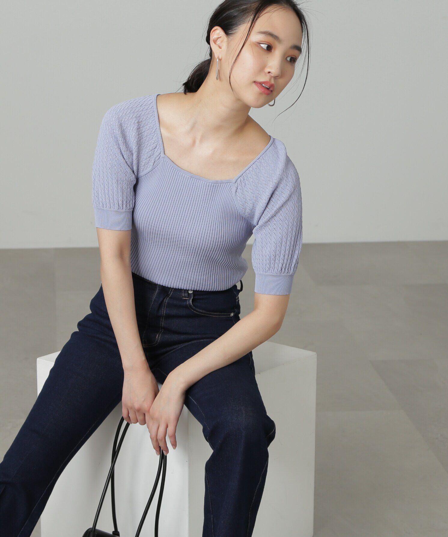  「袖透かし編みスクエアネックニット」|ニット・セーター|