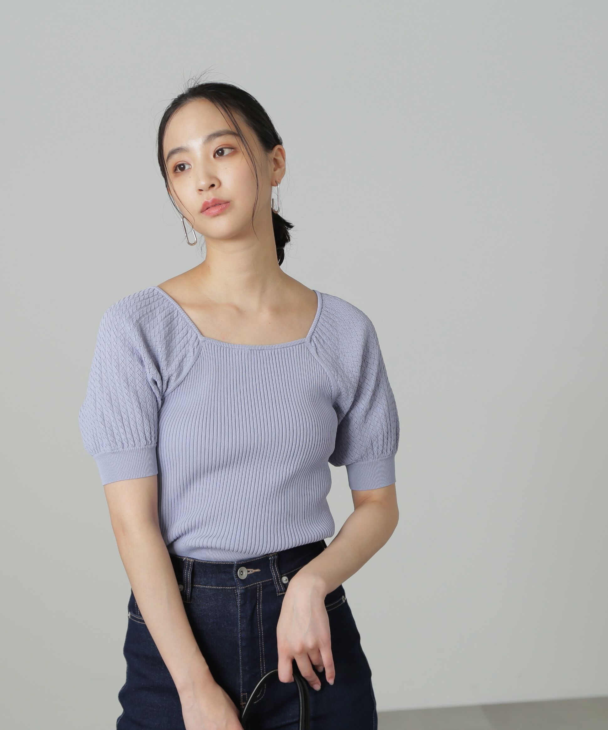  「袖透かし編みスクエアネックニット」|ニット・セーター|