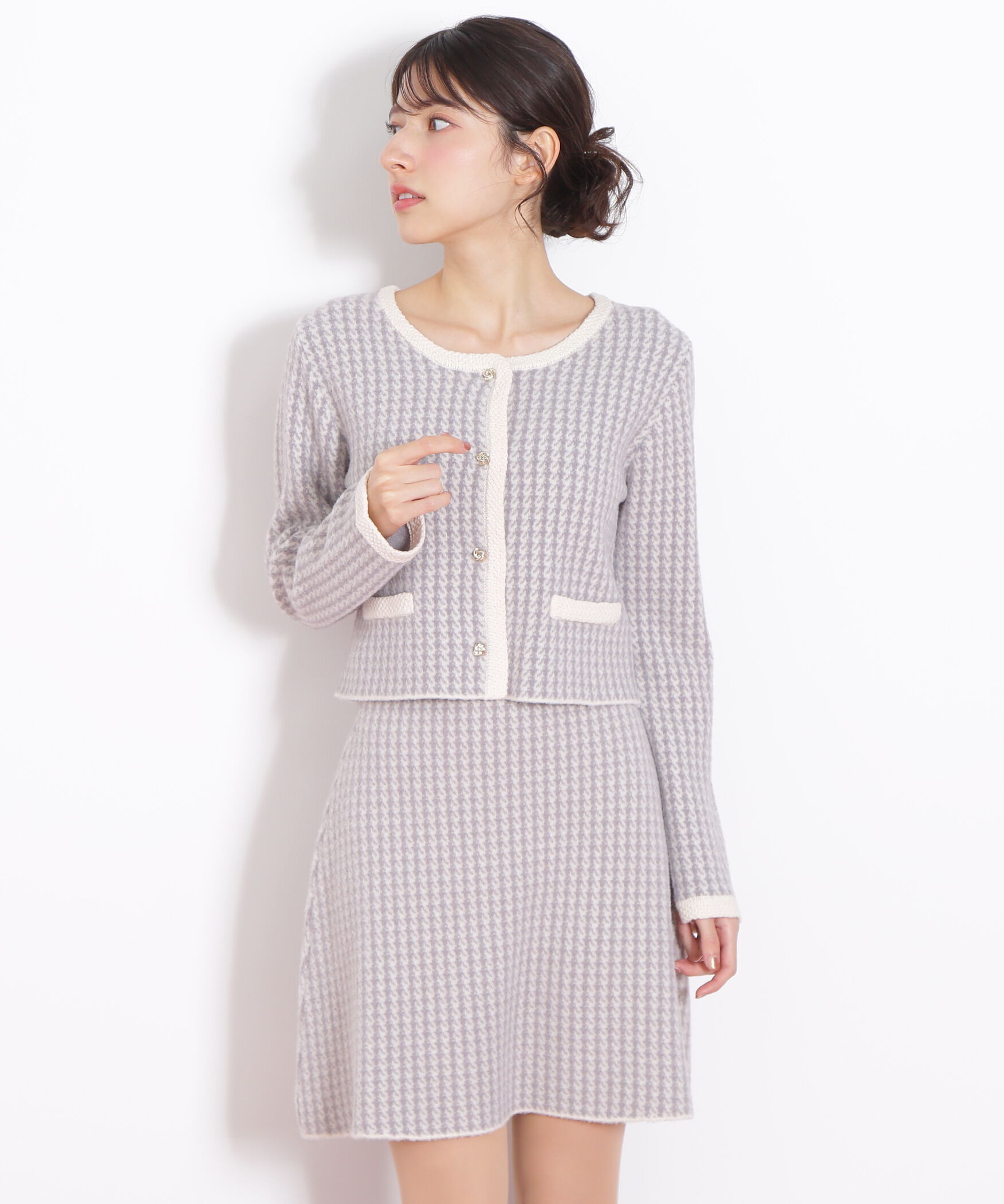  「千鳥ジャガードニットセットアップ」|ワンピース|ラベンダー1