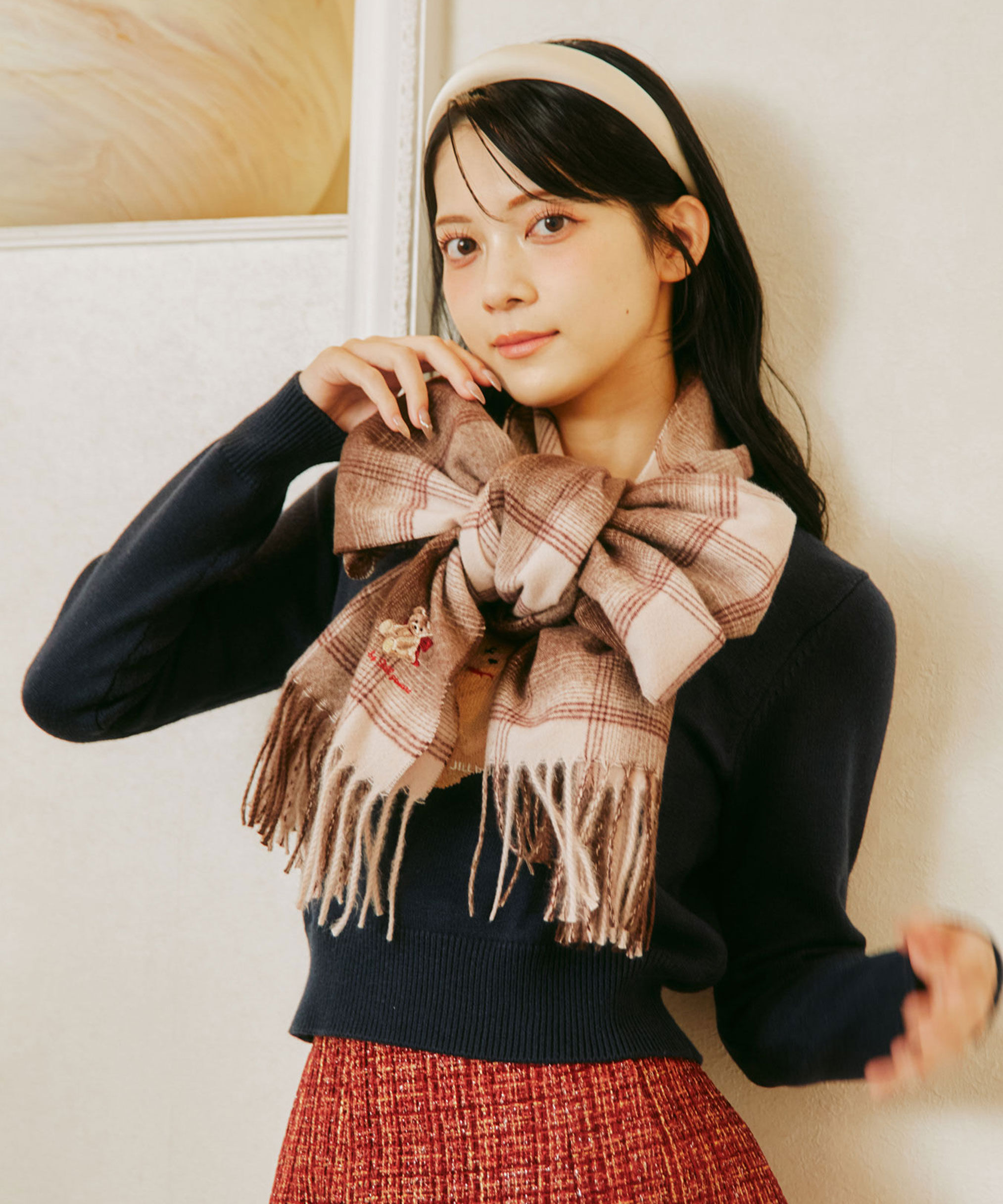  「＜BEARシリーズ＞Holidayベア刺繍チェックストール」|バンダナ・スカーフ|