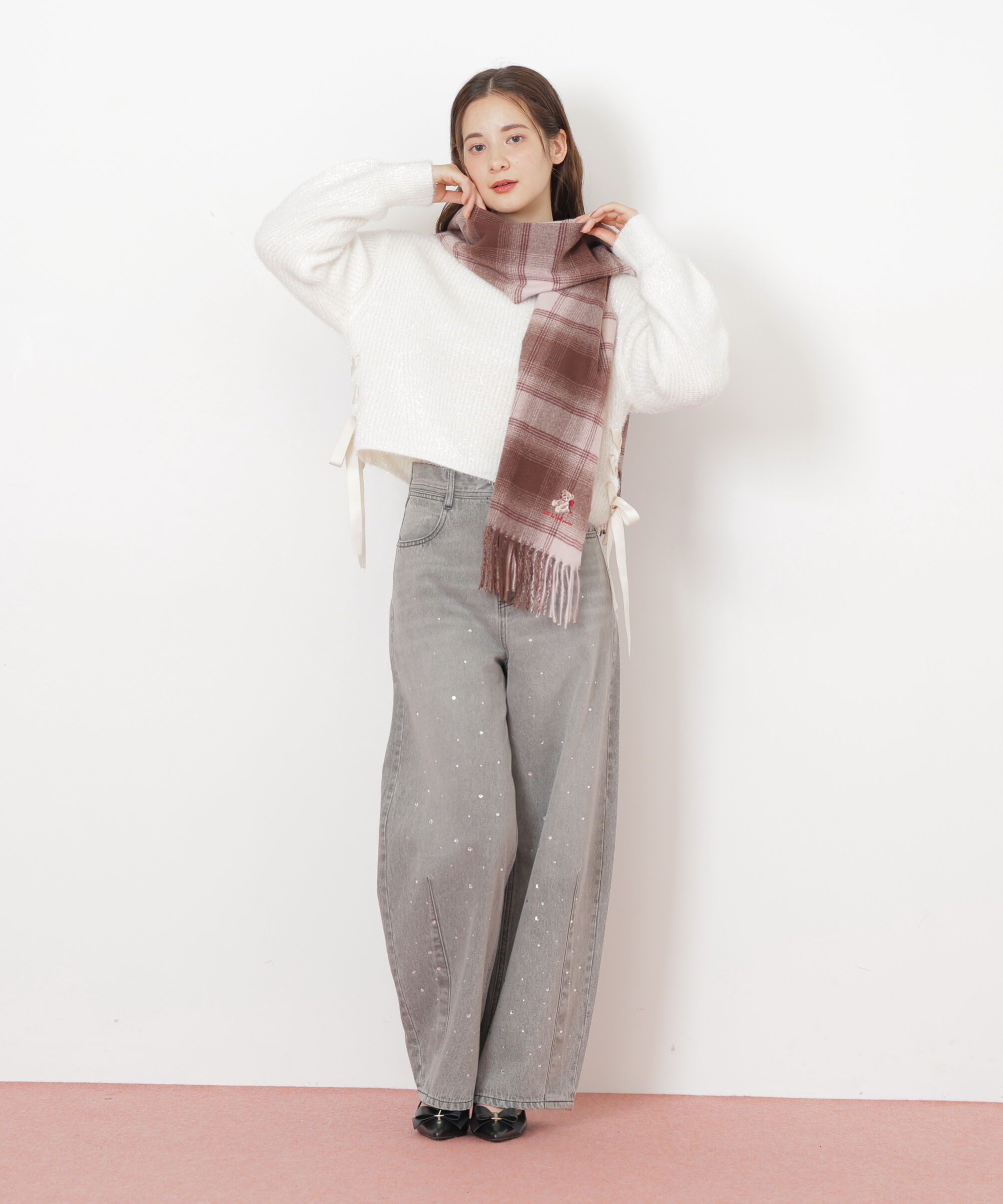  「＜BEARシリーズ＞Holidayベア刺繍チェックストール」|バンダナ・スカーフ|