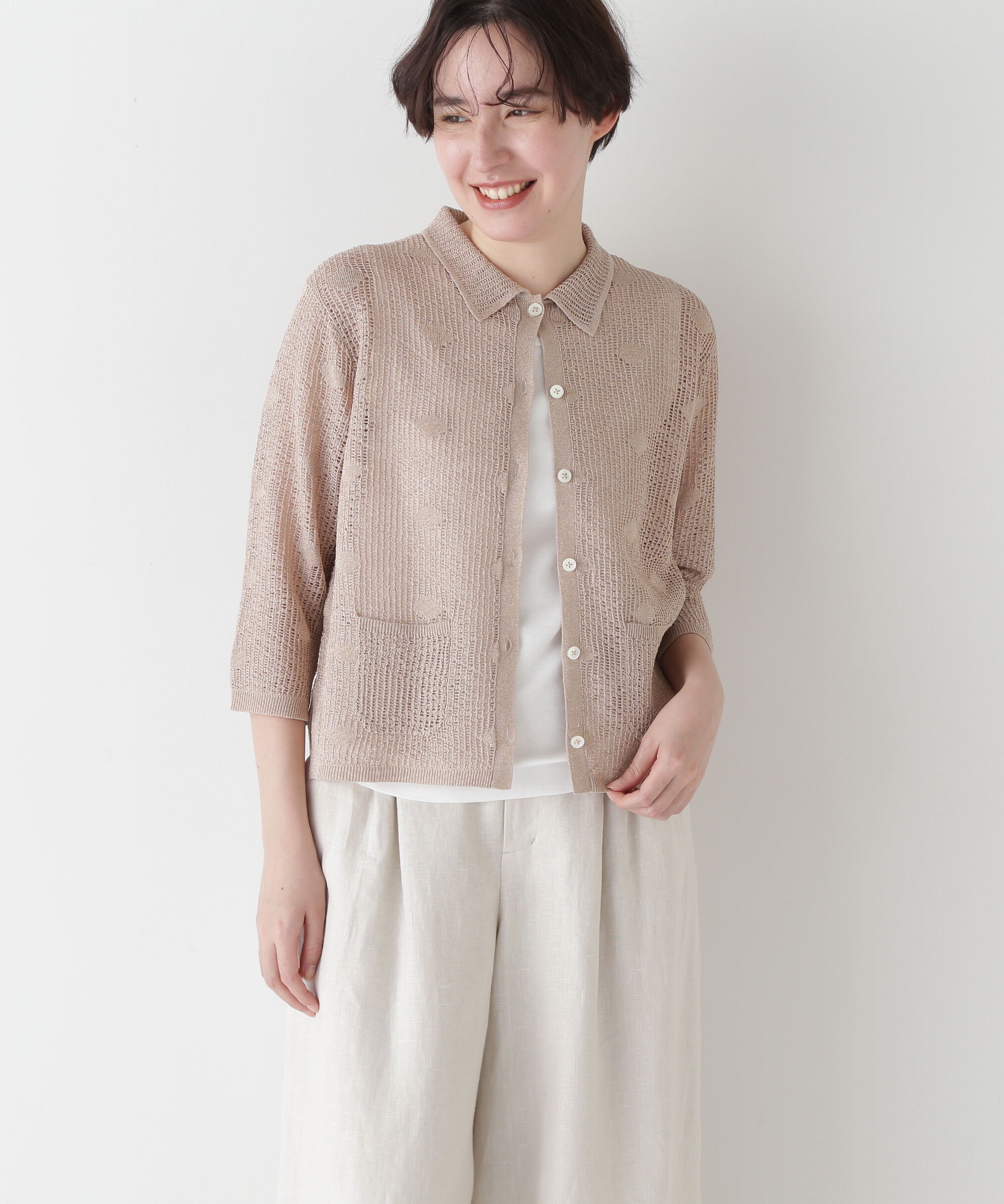  「◆【ウォッシャブル】ラメメッシュオープンカラーカーディガン」|ニット・セーター|